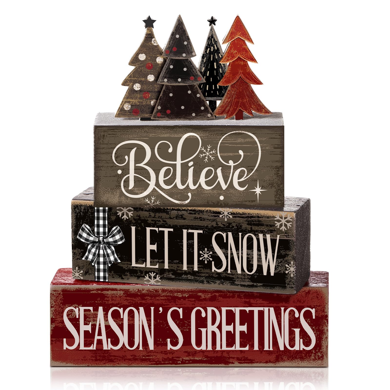 Moucuny 4 Pcs Christmas Table Decor Wooden Hot Cocoa Decoration Christmas Centerpiece Winter Tiered Tray Decor Decorative Red Hot Cocoa Block Signs Gift Farmhouse Xmas Decoration for Home Kitchen