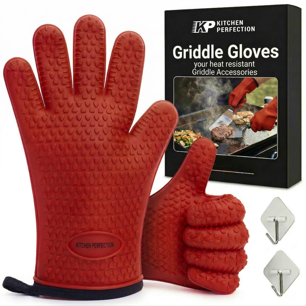 KITCHEN PERFECTION Silicone Oven & Griddle Gloves -Extreme Heat Resistant BBQ & Grilling Gloves -Handle Hot Food Right on Your Griddle |Waterproof Oven Mitts Grill Gloves |Superior Set+3 Bonuses