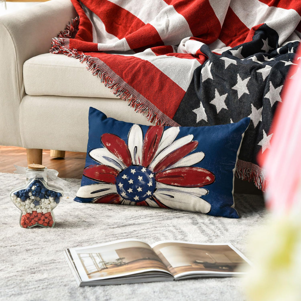 AVOIN colorlife Let Freedom Ring Stars Fireworks Flower Red Throw Pillow Covers, 12 x 20 Inch 4th of July Patriotic Independence Memorial Day USA Flag Cushion Case for Sofa Couch Set of 4