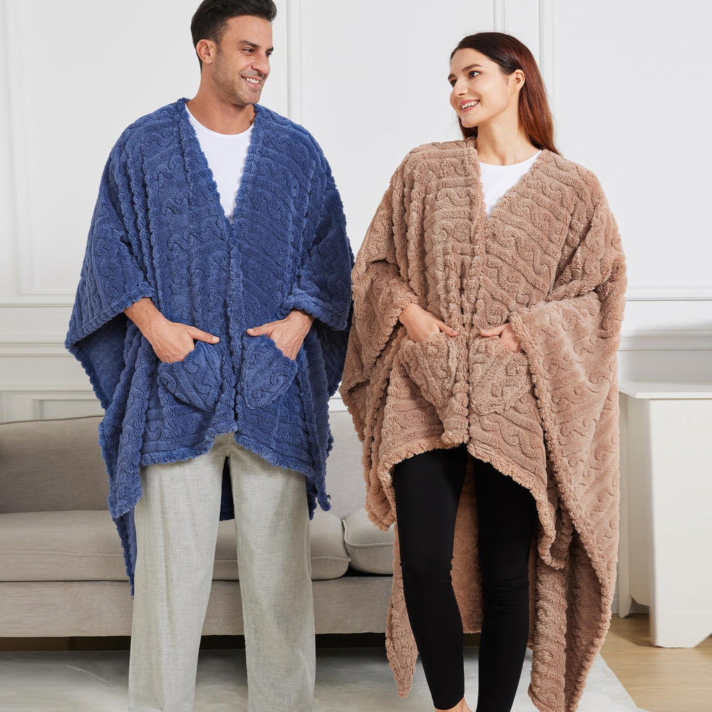 Wearable Blanket Poncho Cape Wrap for Adult, Cozy Sherpa Fleece Pocketed Shawl TV Throw Blankets for Office and Lounge(Caramel,58'' x 64'')