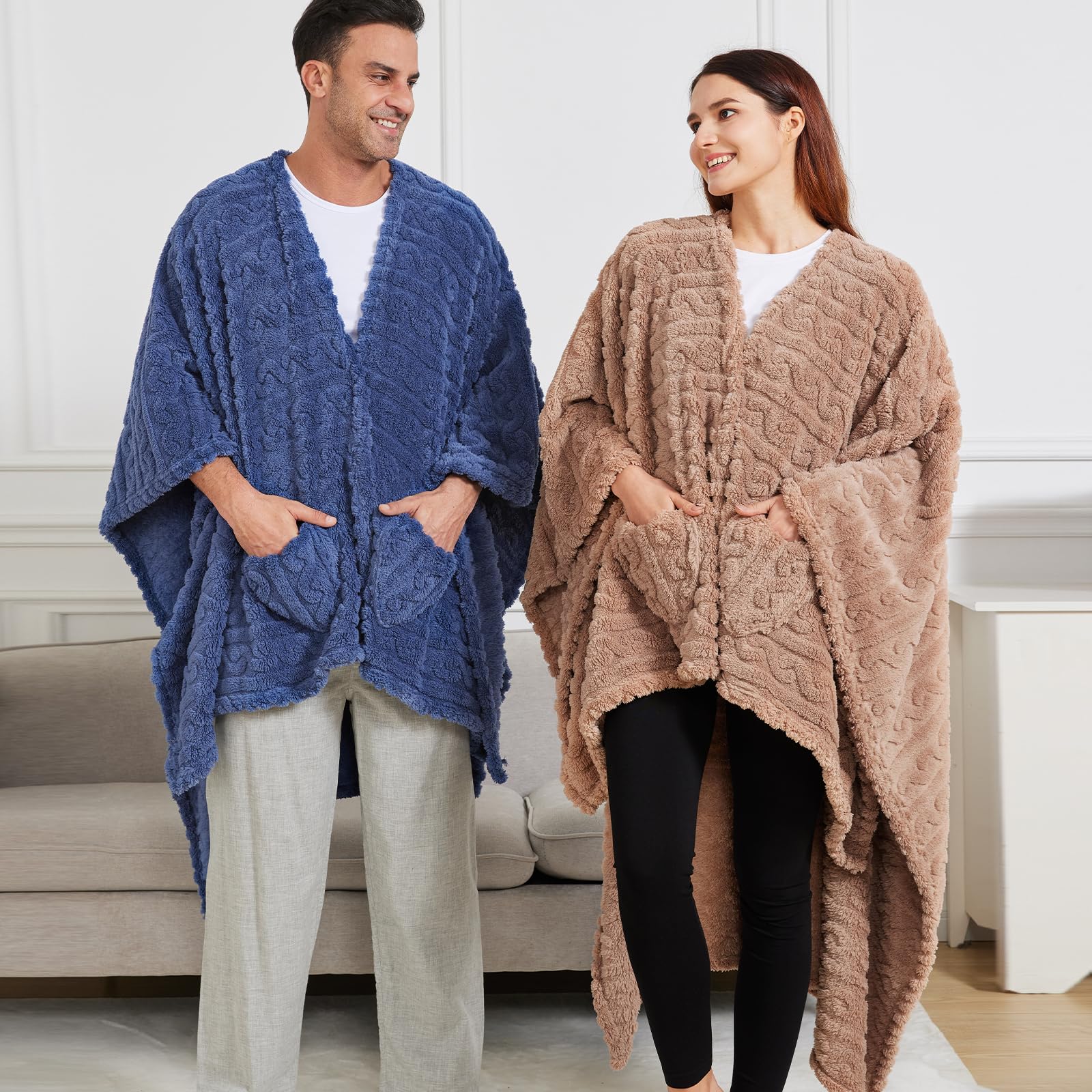 Wearable Blanket Poncho Cape Wrap for Adult, Cozy Sherpa Fleece Pocketed Shawl TV Throw Blankets for Office and Lounge(Caramel,58'' x 64'')