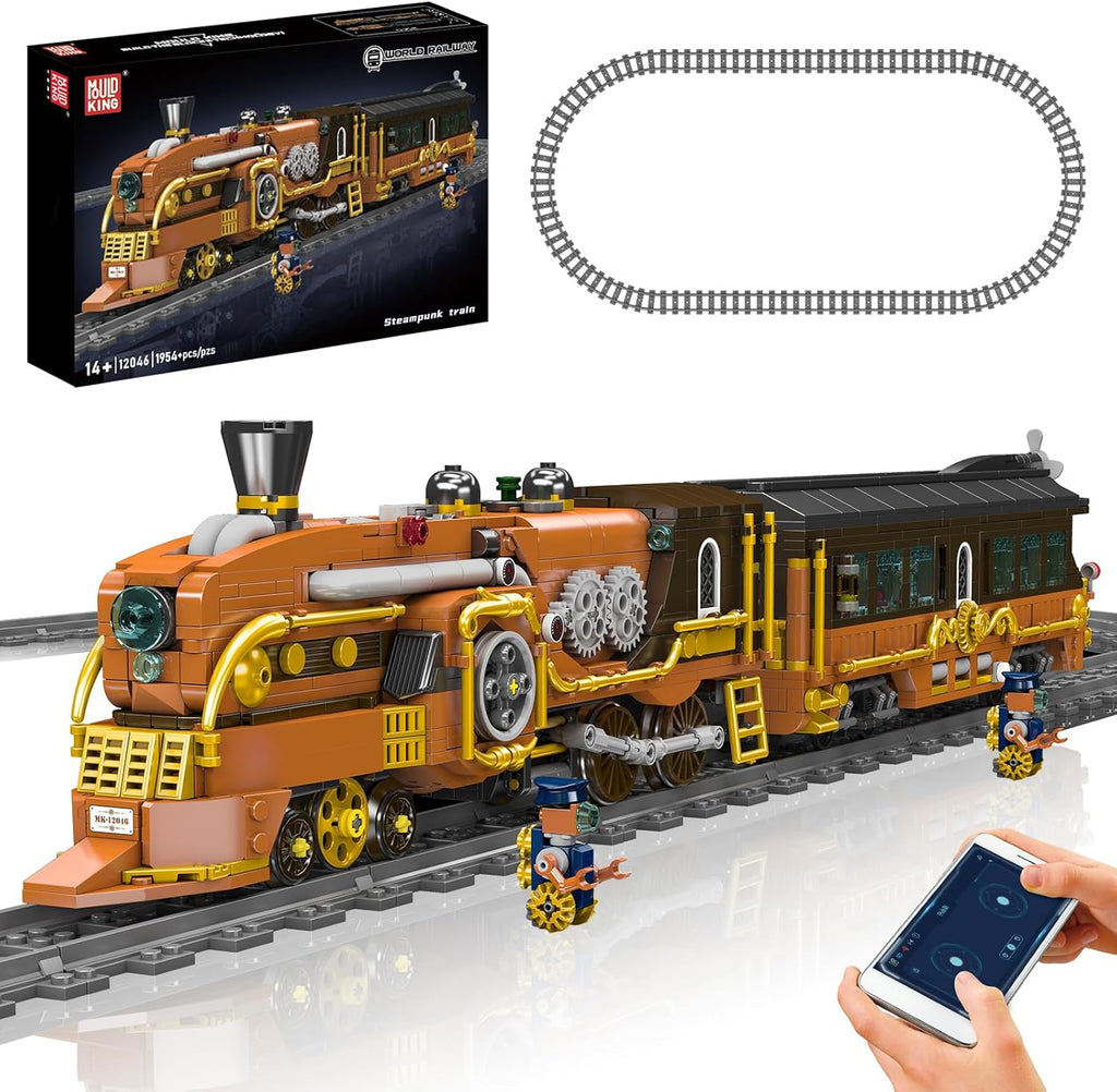 Mould King 12046 Steampunk Train Building Set, Remote/App Control Locomotive Model Kit with Tracks, Engineering Building Kit for Adults Teen(1954 PCS)
