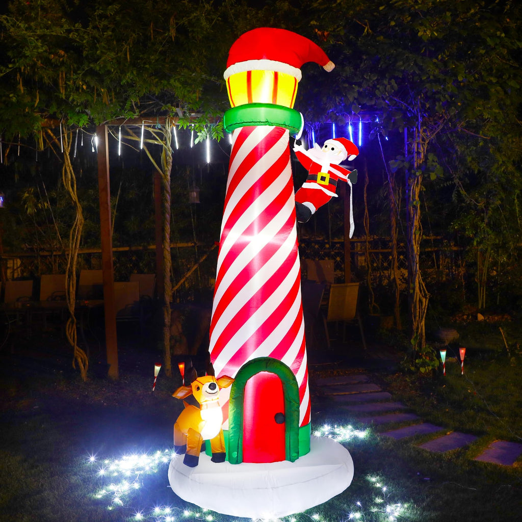 Lulu Home 9FT Christmas Inflatable Decorations, Giant Lighted Lighthouse with Santa and Reindeer, Xmas Blowups with Drawstring Bags for Winter Holiday Yard Lawn Garden Outdoor Decor