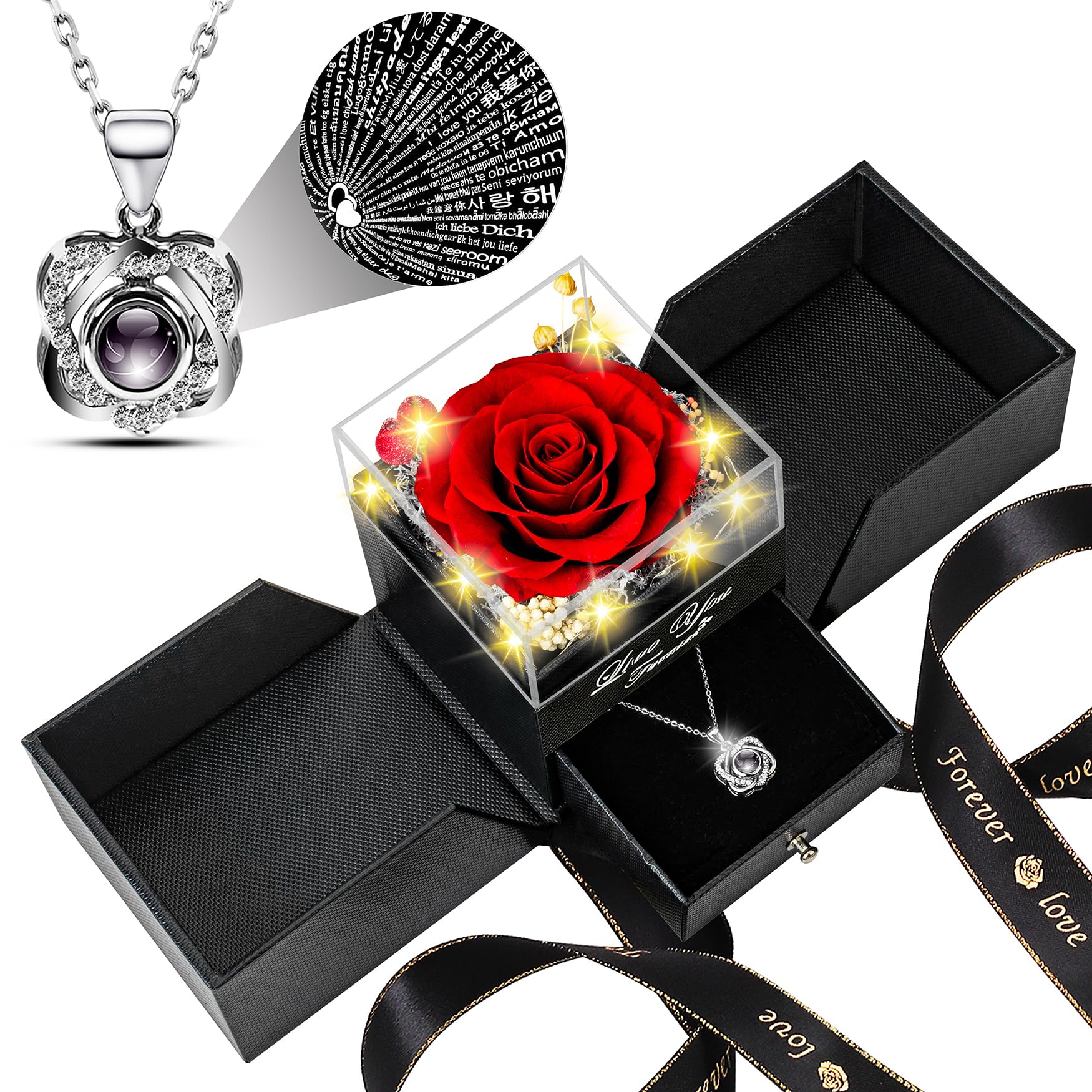 Lebana Preserved Red Real Rose with Heart I Love You Necklace -Mothers Day Gifts for Mom Her Wife Girlfriend Grandma on Valentines Mothers Day Christmas Birthday Anniversary Romantic-Red