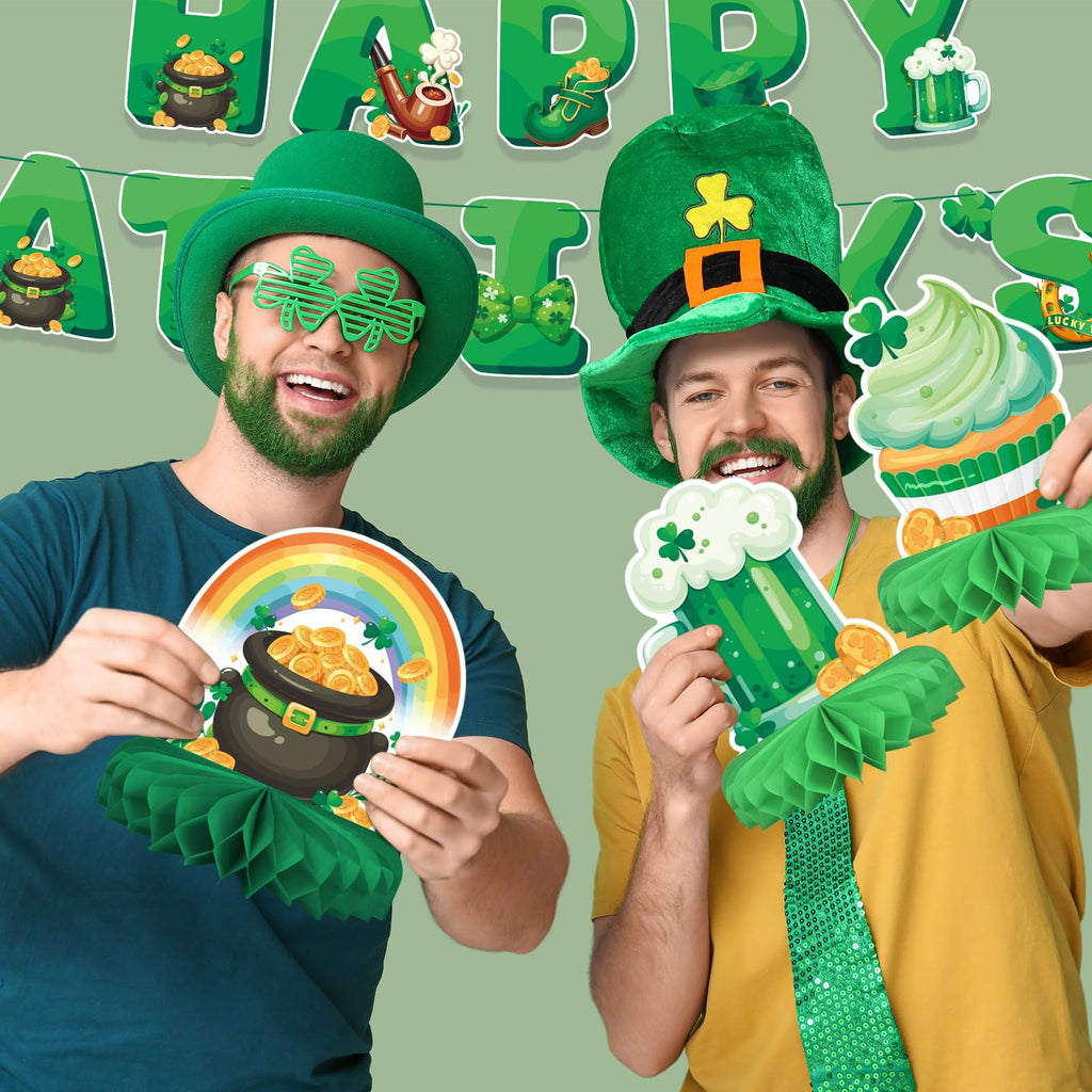 St Patrick's Day Decorations Set - St Patricks Day Honeycomb Centerpieces & Shamrock Beer Table Toppers, for Irish Classroom & St. Patrick's Day Party Supplies