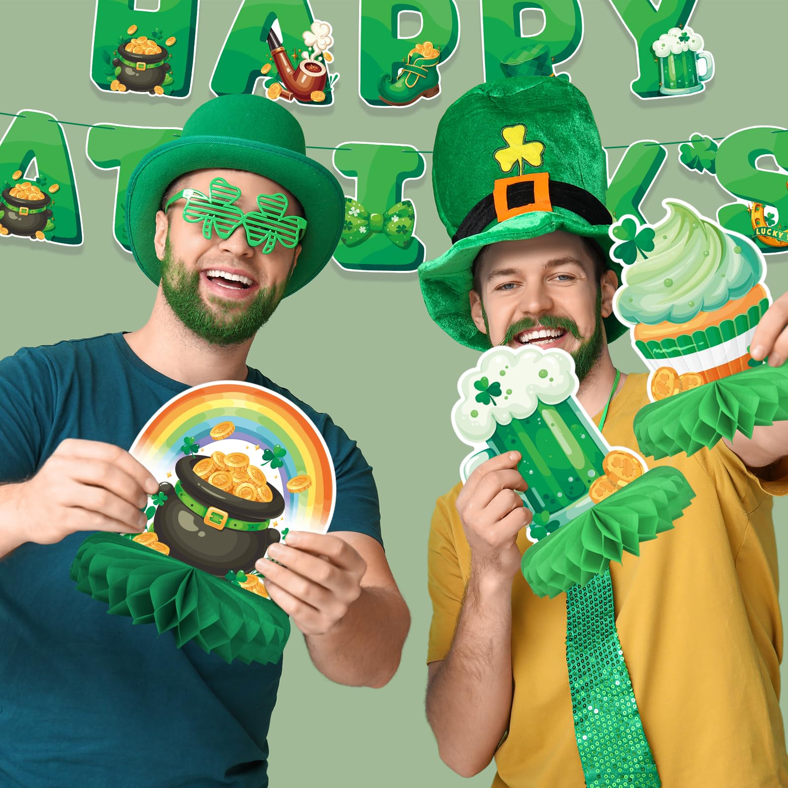 St Patrick's Day Decorations Set - St Patricks Day Honeycomb Centerpieces & Shamrock Beer Table Toppers, for Irish Classroom & St. Patrick's Day Party Supplies