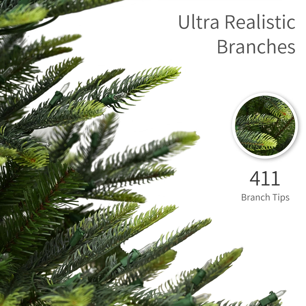 Puleo International 7.5ft Pre-Lit Aspen Fir Artificial Christmas Tree with 700 Clear Lights, 1319 Realistic Dense Branch Tips, Easy Setup Artificial Trees with Sturdy Metal Stand