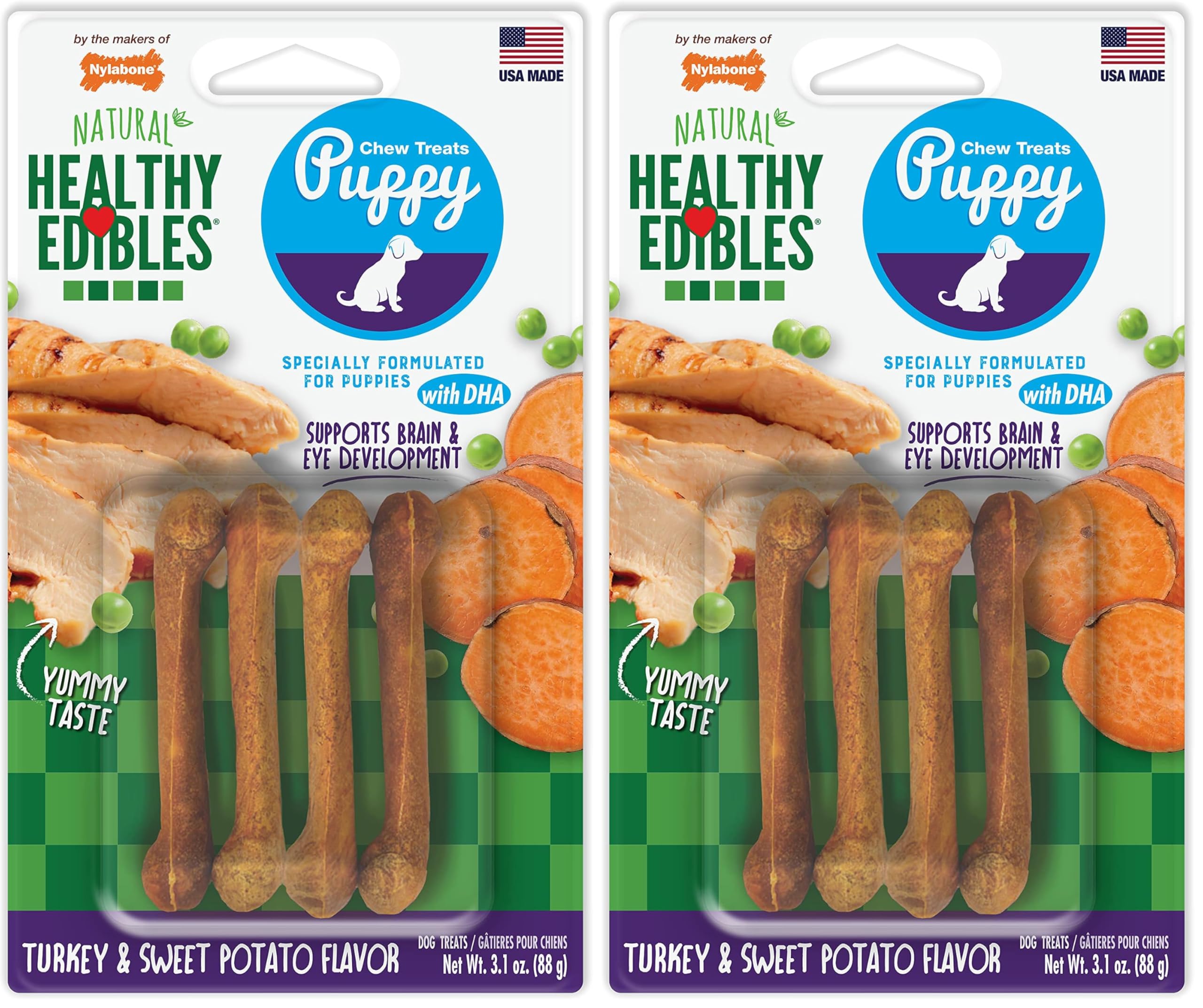 Nylabone Healthy Edibles Natural Puppy Chews Long Lasting Treats for Puppies, Roast Beef/Apple/Bacon Dog Treats, X-Small/Petite (3 Count)