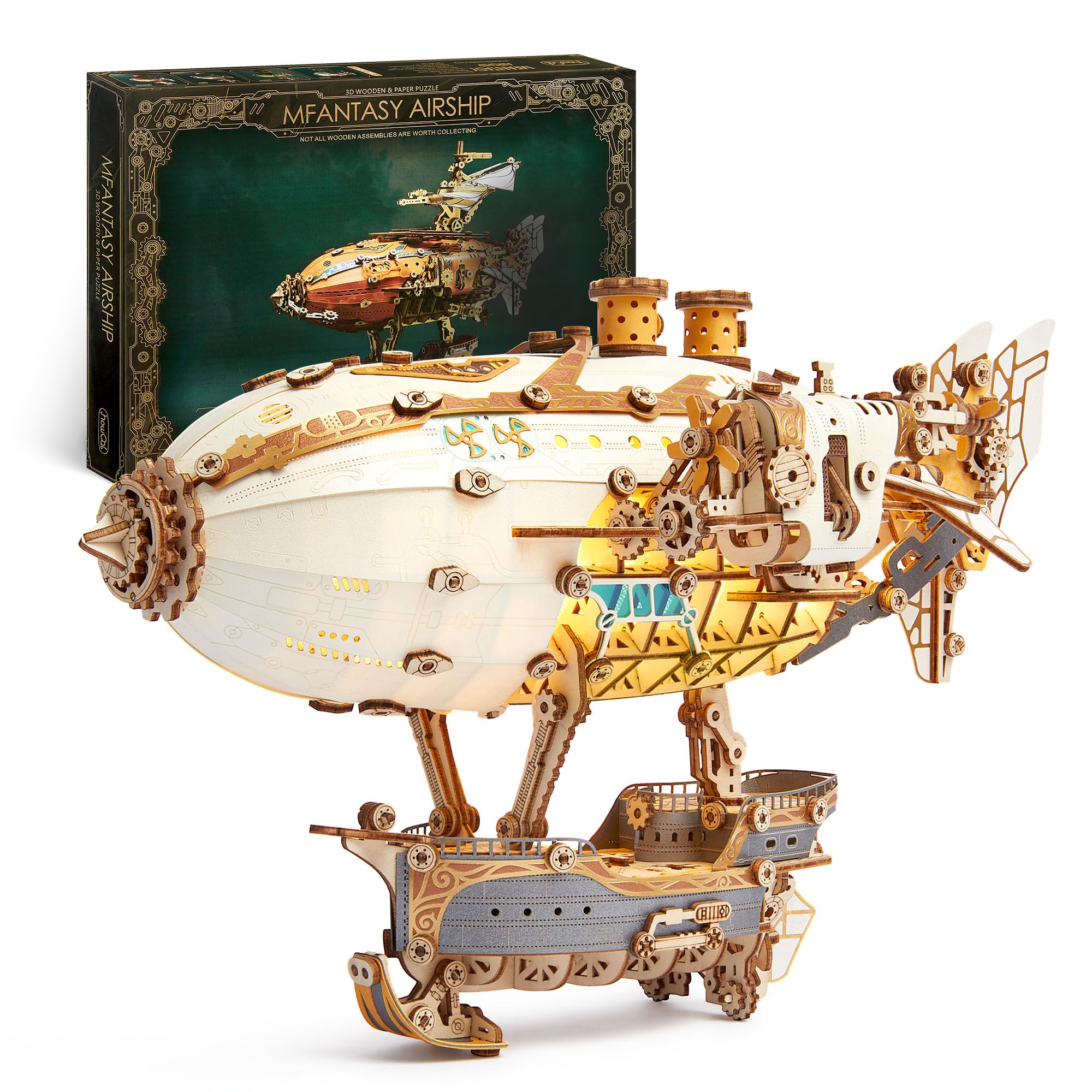 FUNPOLA LED 3D Wood Puzzle Fantasy Airship Model - Steampunk DIY Craft Kit with LED Lights – Intricate Wooden Airship Model Building Set for Teens and Adults(Gray)