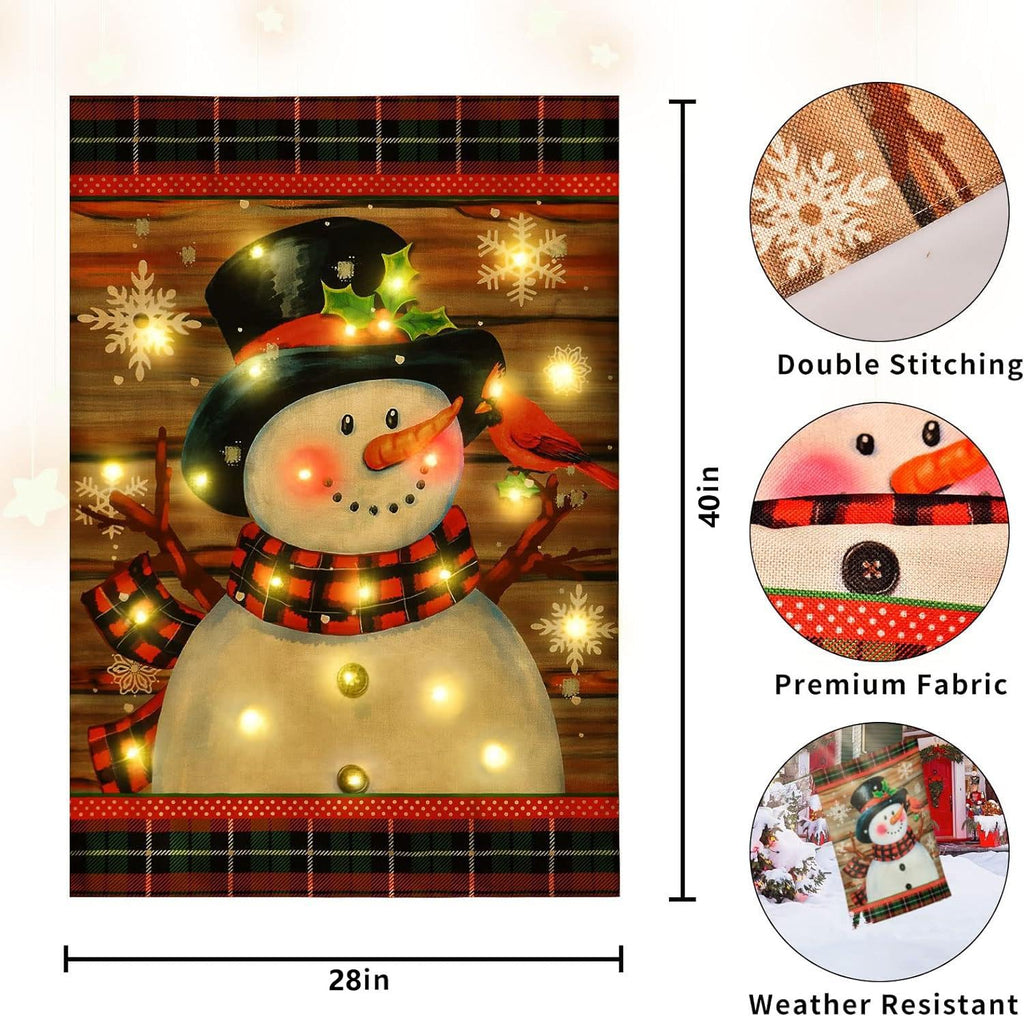 Lighted Christmas Garden Flag for Outside, Led Snowman Garden Flag, Winter Yard Flag 12x18 Double Sided for Outdoor Yard Porch Lawn Decoration