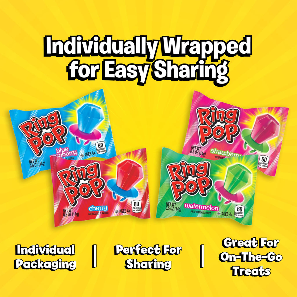 Ring Pop Lollipops - Bulk Candy Individually Wrapped Suckers Variety Party Pack- 50 Count w/Assorted Flavors - Hard Candy for Party Favors, Kids & Goodie Bags, 25 Ounce