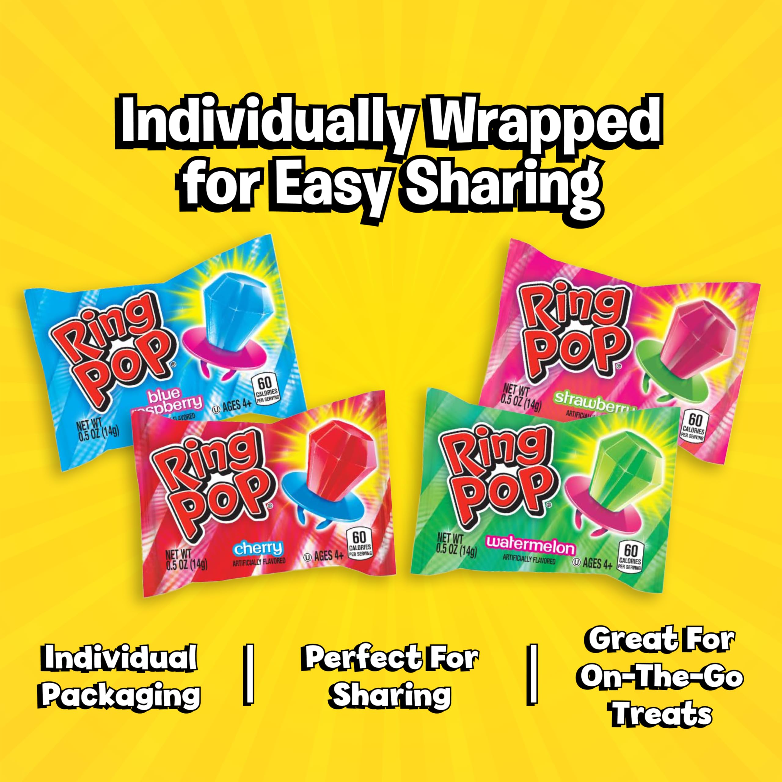 Ring Pop Lollipops - Bulk Candy Individually Wrapped Suckers Variety Party Pack- 50 Count w/Assorted Flavors - Hard Candy for Party Favors, Kids & Goodie Bags, 25 Ounce