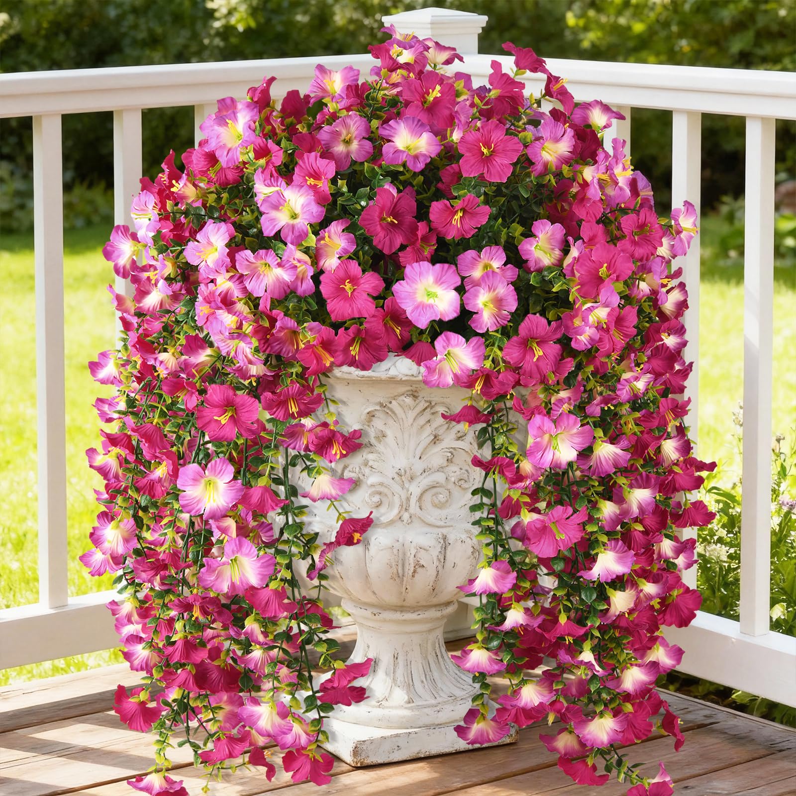 Artificial Fake Flowers Plants for Outdoor Spring Summer Decoration,2 PCS Faux Silk Morning Glory with Eucalyptus Leaves,UV Resistant Realistic Outdoor Flowers for Balcony Porch Patio Yard Garden
