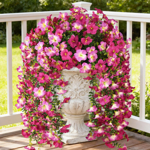 Artificial Fake Flowers Plants for Outdoor Spring Summer Decoration,2 PCS Faux Silk Morning Glory with Eucalyptus Leaves,UV Resistant Realistic Outdoor Flowers for Balcony Porch Patio Yard Garden