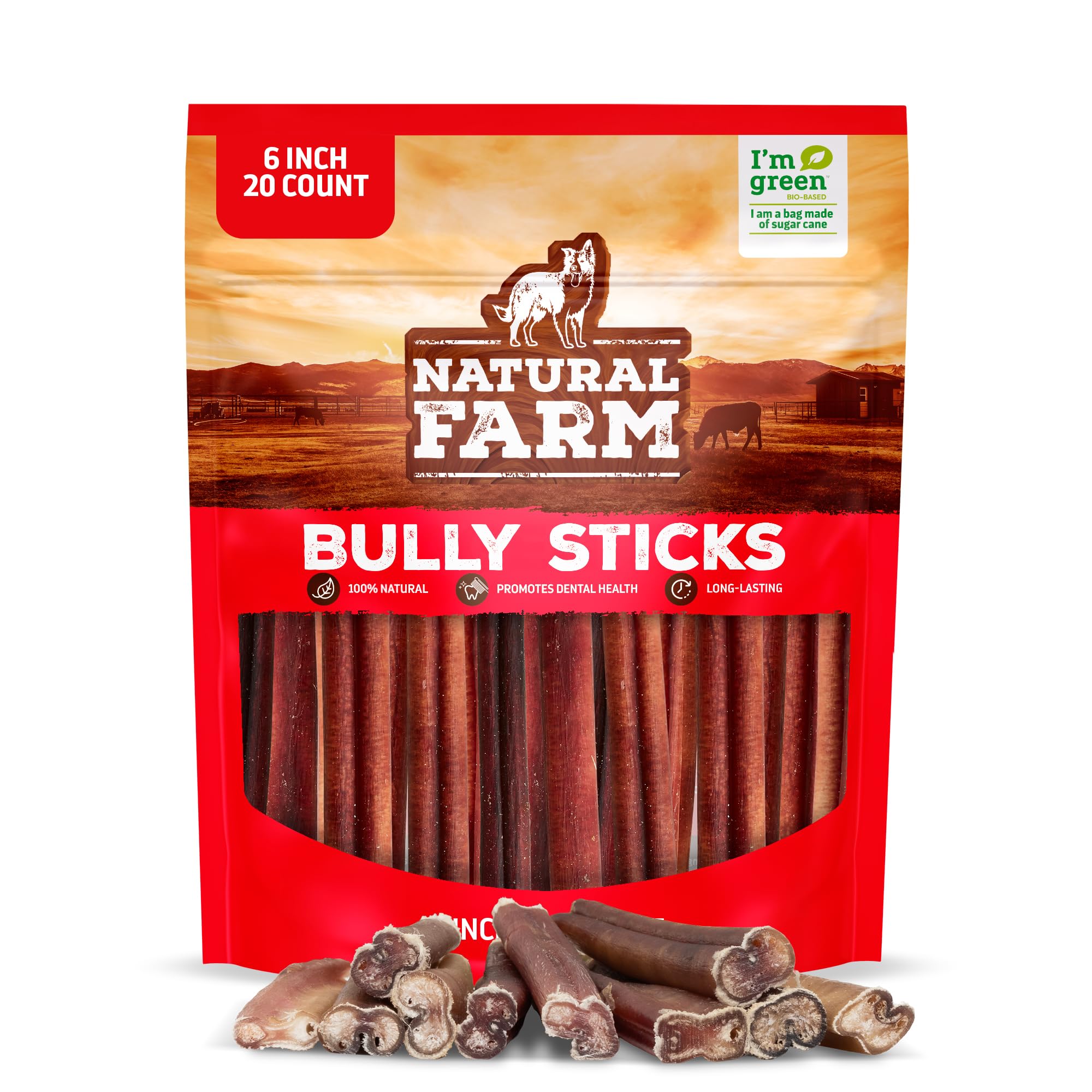 Natural Farm Bully Sticks (6 Inch, 15 Count), Single Ingredient: 100% Beef Chews, Grass-Fed, Non-GMO, Grain-Free, Fully Digestible Treats for Puppies, Small or Senior Dog