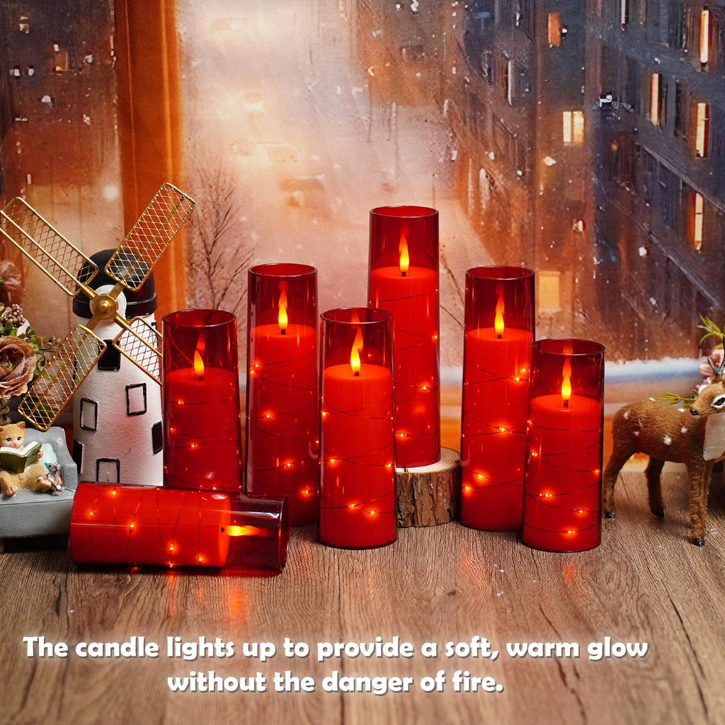 kakoya Flameless LED Candles with Timer 5 Pc Flickering Flameless Candles for Romantic Ambiance and Home Decoration Stable Acrylic Shell,with Embedded Star String，Battery Operated Candles（Red）