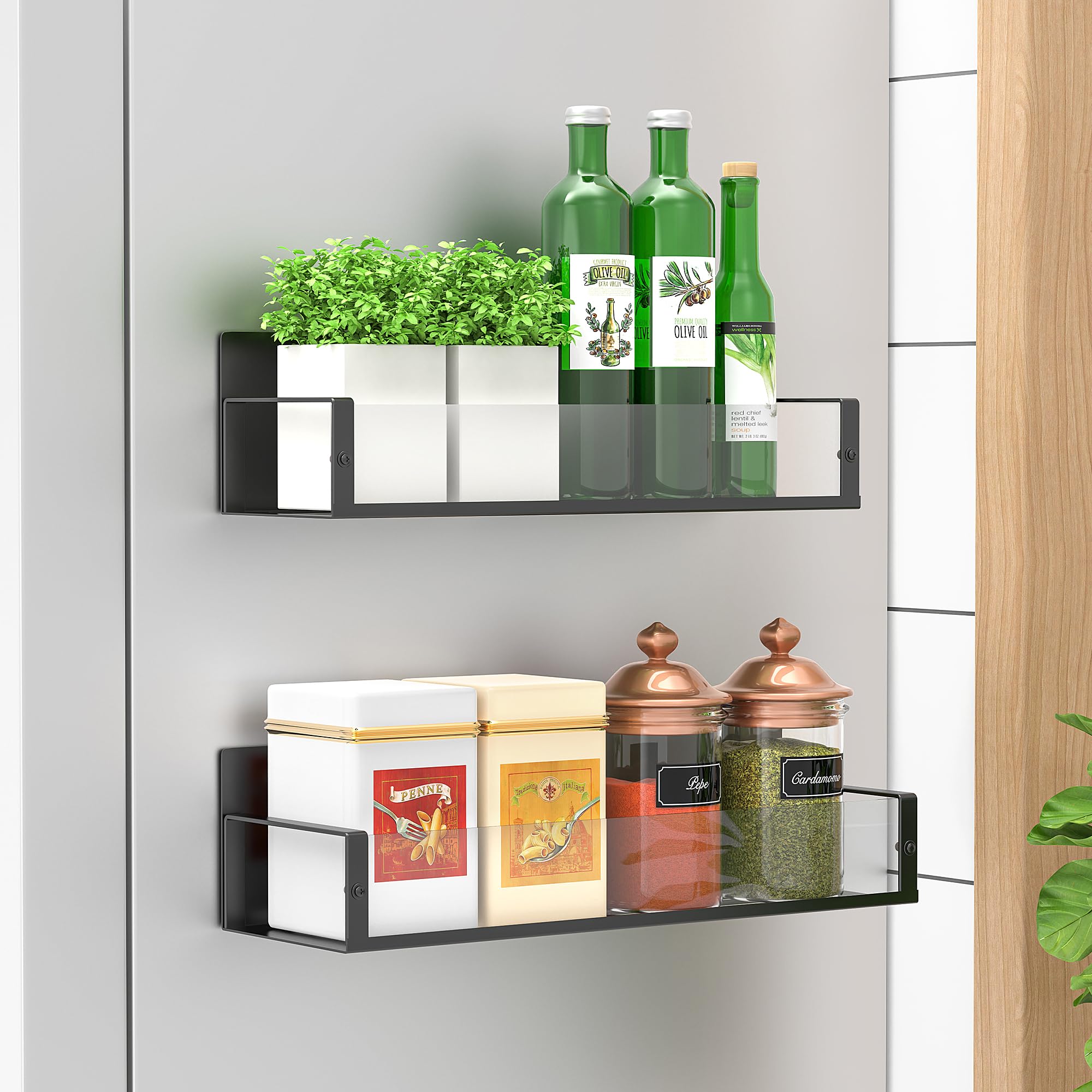 HuggieGems Metal 4 Pack Magnetic Spice Storage Rack Organizer for Refrigerator and Oven, Black Fridge Organizers and Storage, Metal