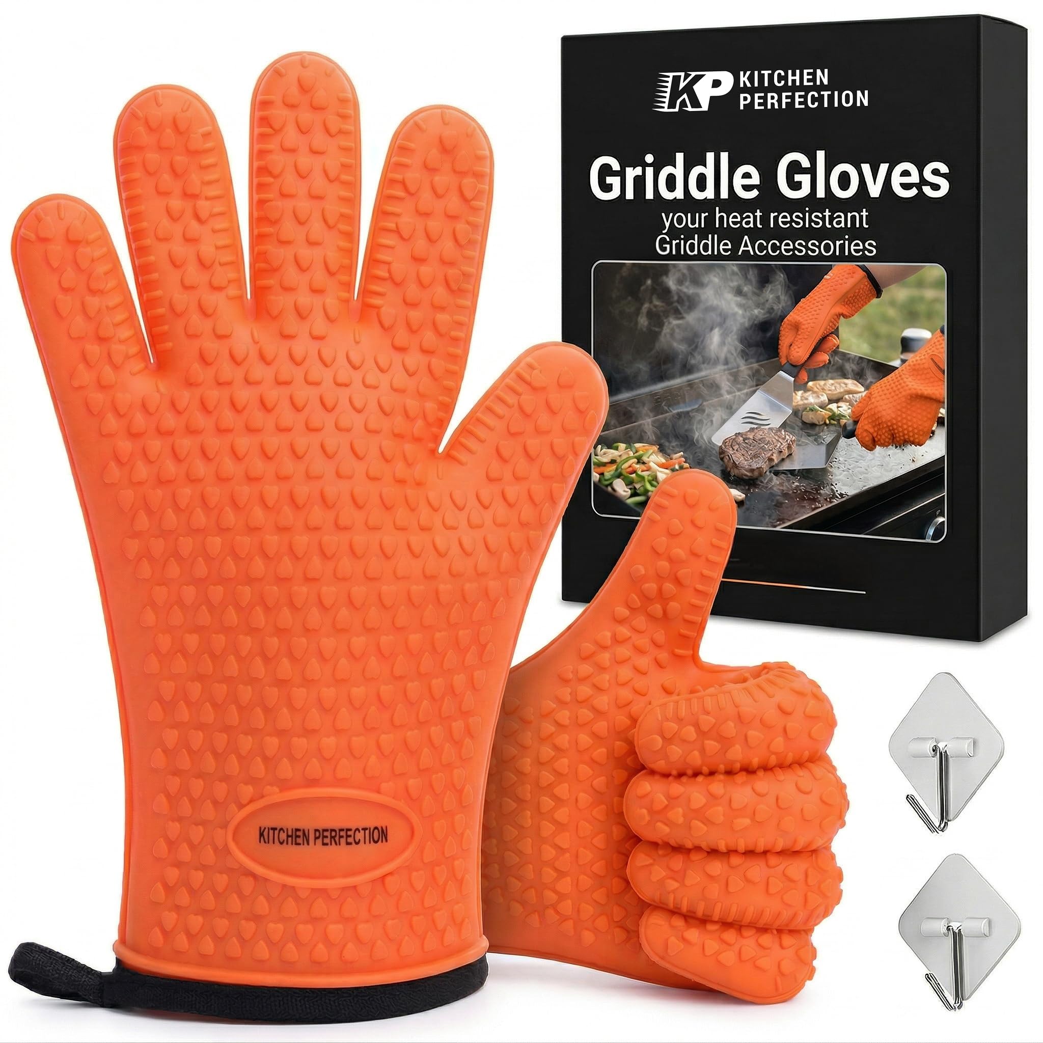 KITCHEN PERFECTION Silicone Oven & Griddle Gloves -Extreme Heat Resistant BBQ & Grilling Gloves -Handle Hot Food Right on Your Griddle |Waterproof Oven Mitts Grill Gloves |Superior Set+3 Bonuses