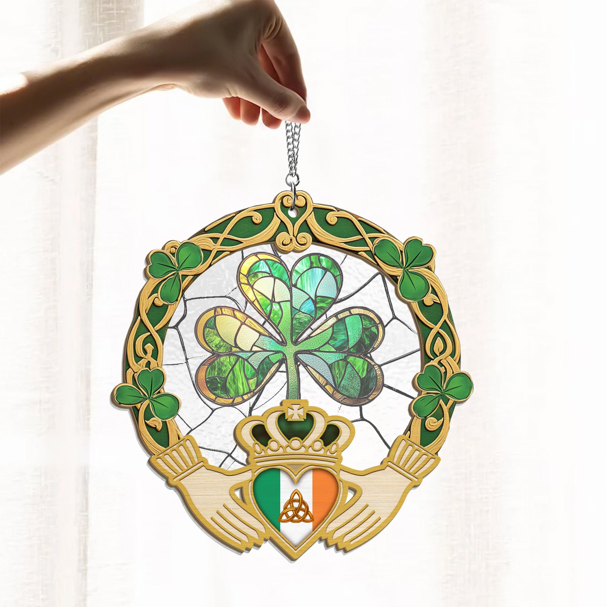 FLAGWIX St Patricks Day Decorations - Hanging Suncatcher 6 in, Shamrock St Patricks Day Decorations, Irish Suncatcher for Home Garden Decor - Irish Gifts for Women Men, Spiritual Gifts for Mom Grandma