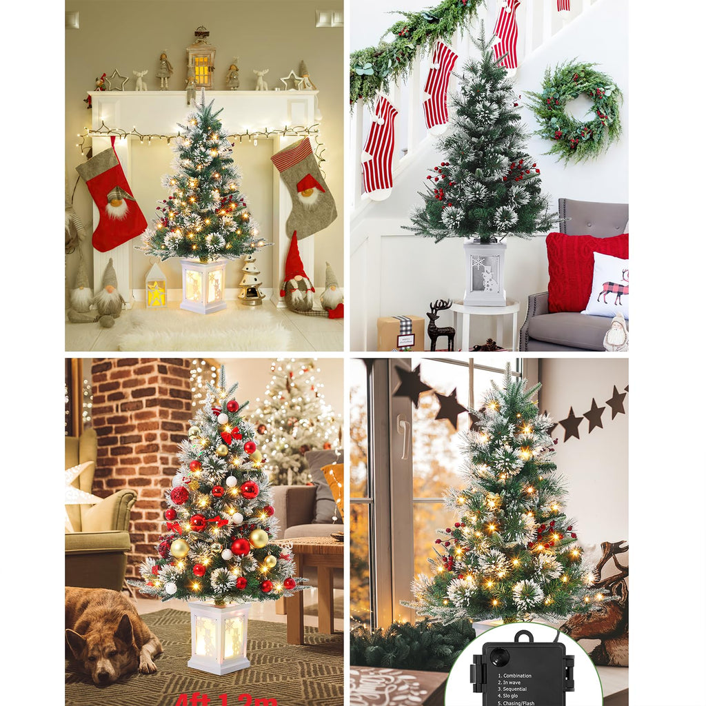 3FT Prelit Premium Snow Flocked Artificial Christmas Tree with Warm White LED, Mini Prelit Xmas Pine Tree for Christmas Decoration,Yard,Home,Office,Outdoor,Indoor,8 Mode Snowflake White Base- 1PC