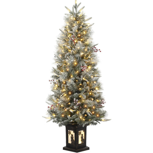 3FT Prelit Premium Snow Flocked Artificial Christmas Tree with Warm White LED, Mini Prelit Xmas Pine Tree for Christmas Decoration,Yard,Home,Office,Outdoor,Indoor,8 Mode Snowflake White Base- 1PC