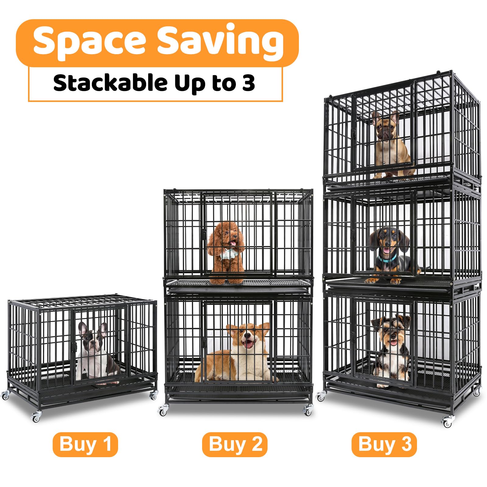 Homey Pet 37 Inch Heavy Duty Dog Crate for Medium Dogs, Stackable Dog Cage with Four Lockable Wheels, Removable Tray & Grid, Open Top, Escape Proof Dog Kennel Indoor
