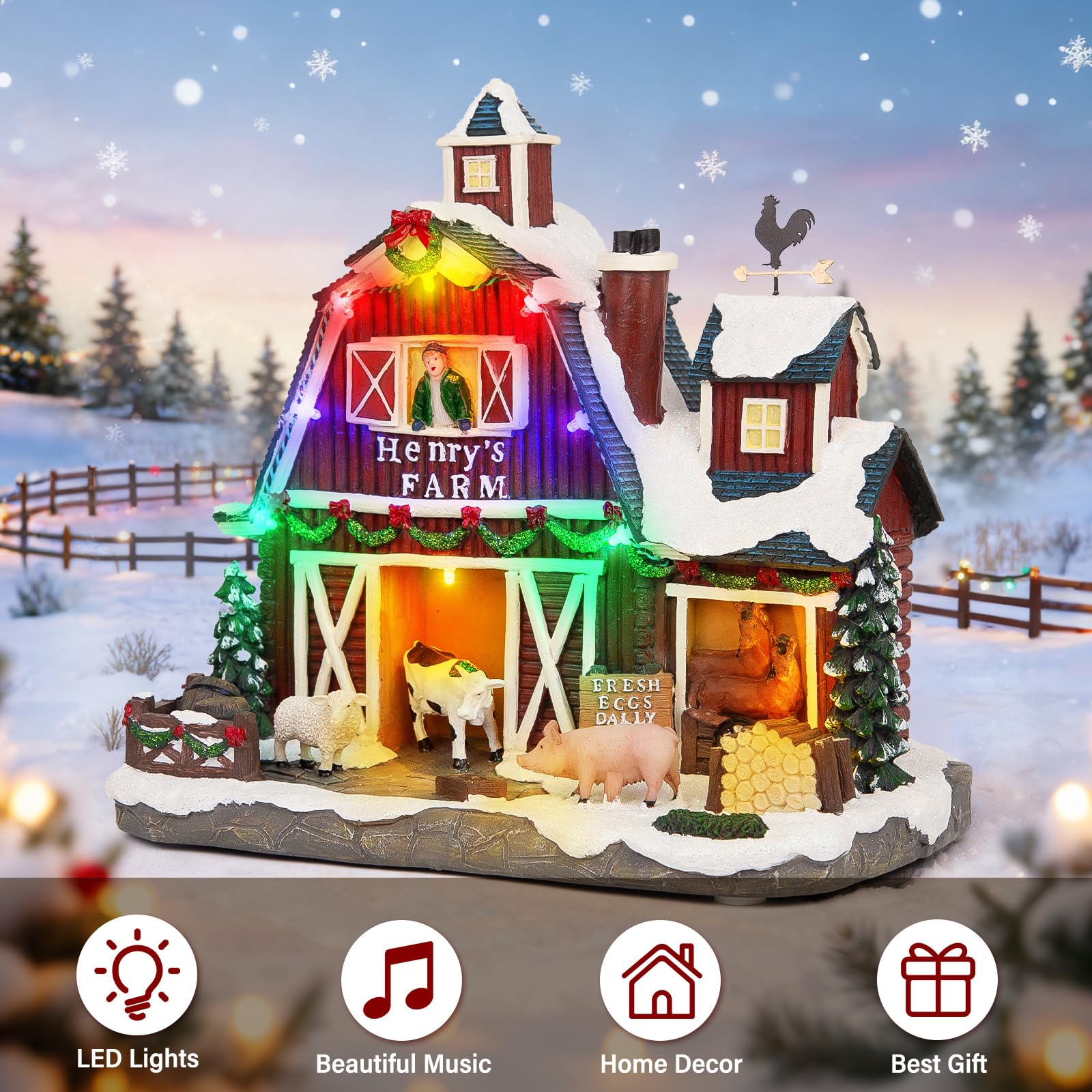 LED Lighted Musical Farmhouse Christmas Village - 10.4" Farm Barn, Large Christmas Collectible Building with Dual Light & Music Modes, Holiday Collectible Gifts for Tabletop, Mantel, Village Display