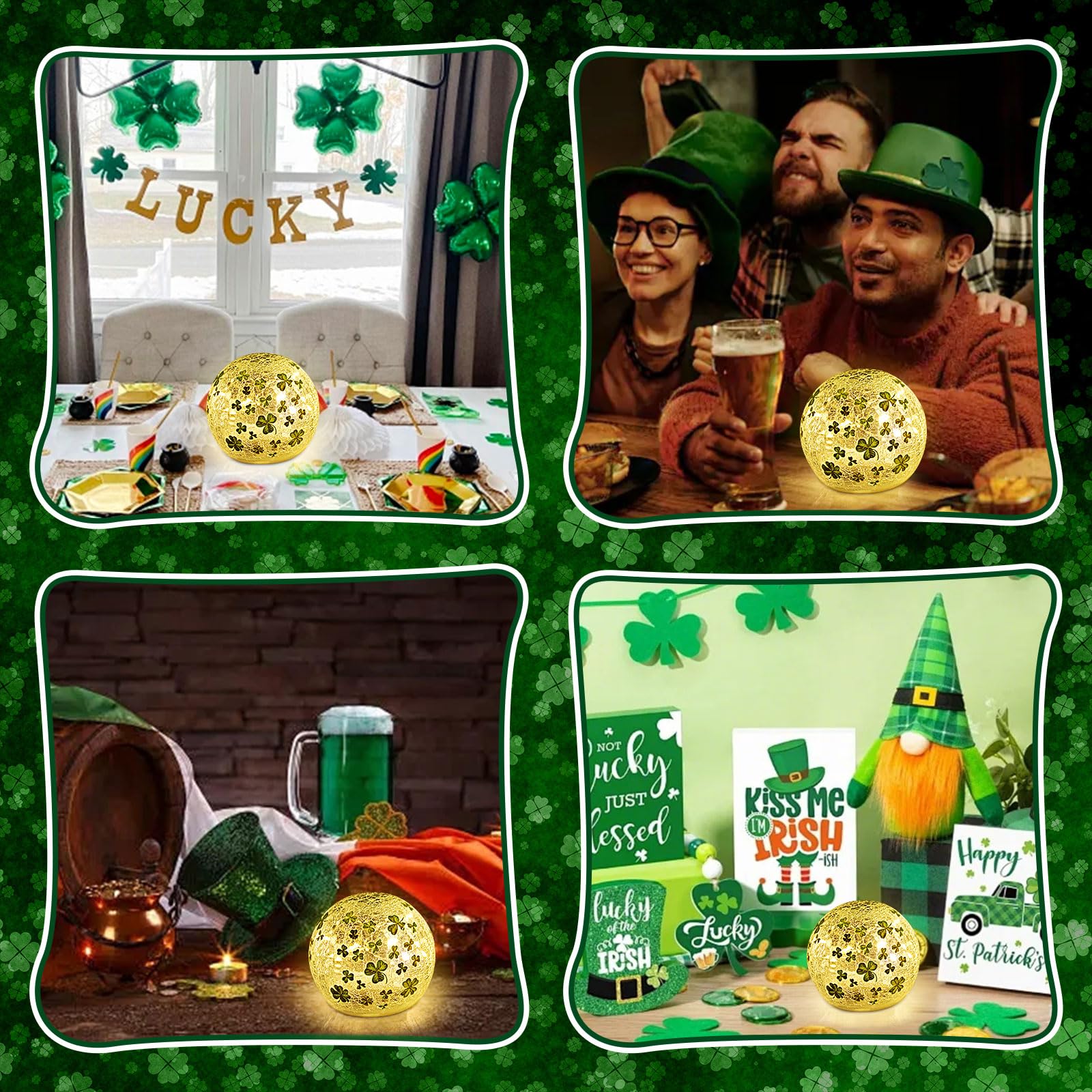 St Patricks Day Decorations Lights, Lighted Glass Ball Tabletop Irish Decor LED Night Light with Clover Pattern,Irish DIecorations for Home (2PCS3.93'')