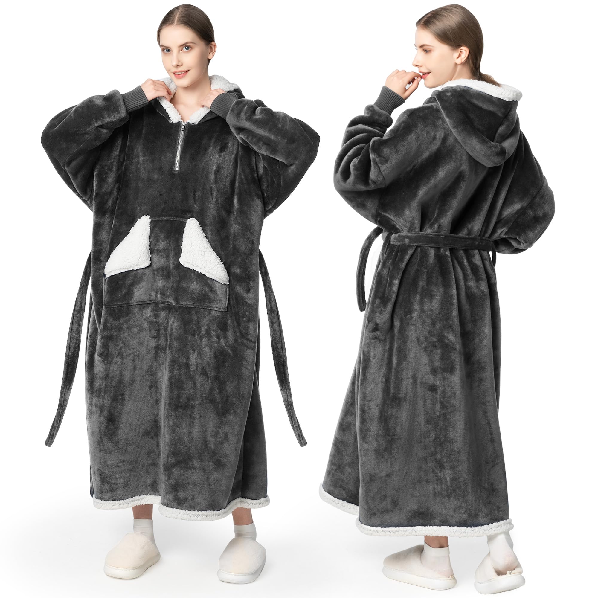 Touchat Wearable Blanket Hoodie, Oversized Sherpa Fleece Sweatshirt Blanket with Giant Hood Pocket and Sleeves for Adult, Warm & Cozy Grey Blanket Gifts for Women
