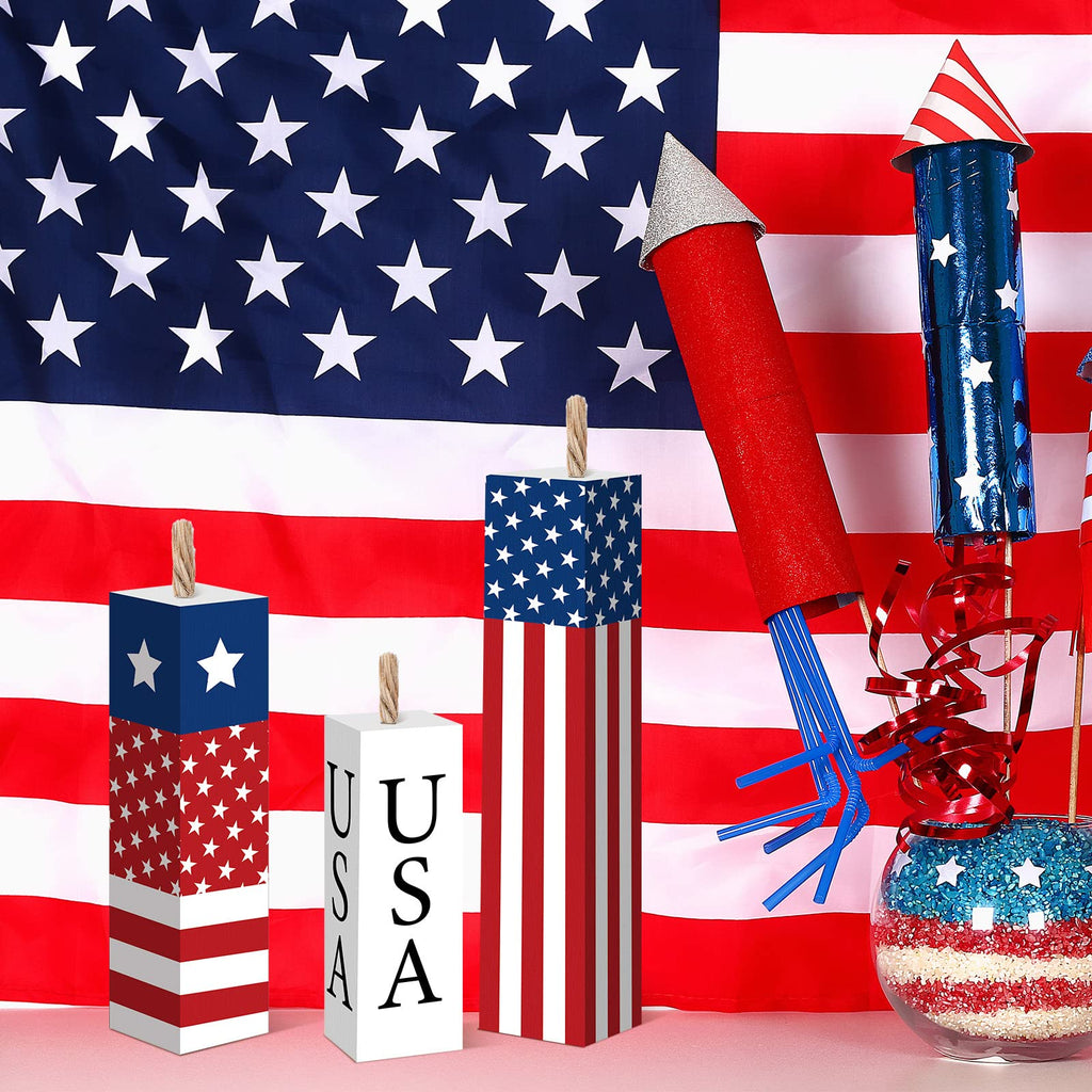 Amyhill 3 Pcs 4th of July Decorations Set Wooden Patriotic Table Centerpieces Independence Day Wood Firework Fourth of July Table Signs for 250th Anniversary Home Farmhouse Decor (Flag)