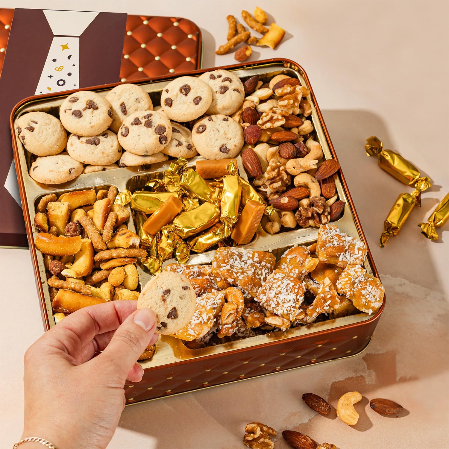 Caramels and Nut Sweet and Savory Gift Basket for Christmas Gifts, Dad, Men, Women, Holiday Parties | Gourmet Holiday Snack Tin Box | Churro Cinnamon and Sugar Pretzels | Sea Salt Caramels and Brittle| Prime Delivery Gift | Bonnie & Pop