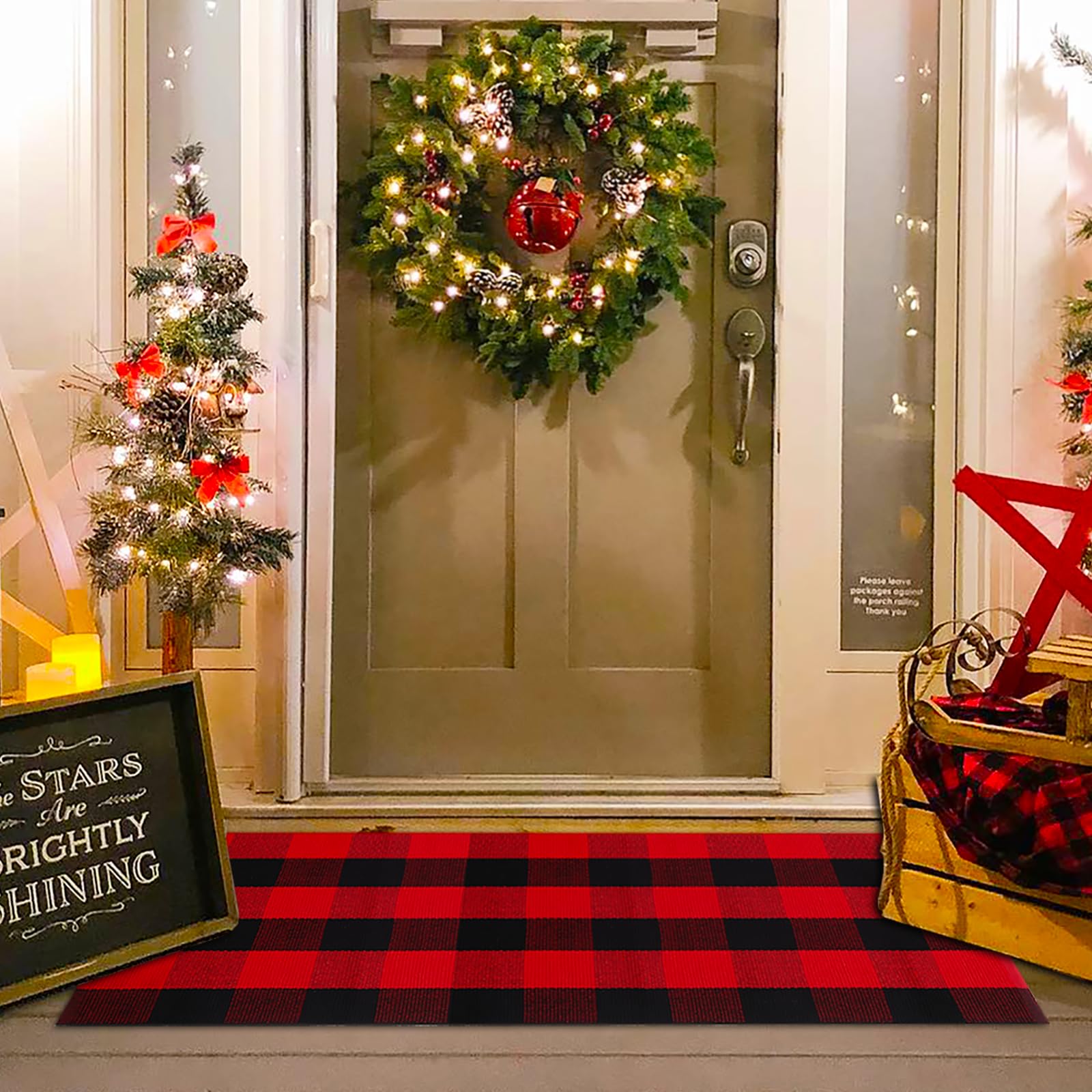 Orange and Black Plaid Rug, 28'' x 43'' Fall Outdoor Front Door Decor Mat, Cotton Washable Hand-Woven Rug for Layered Doormat, Autumn Halloween Thanksgiving Carpet for Porch, Entryway