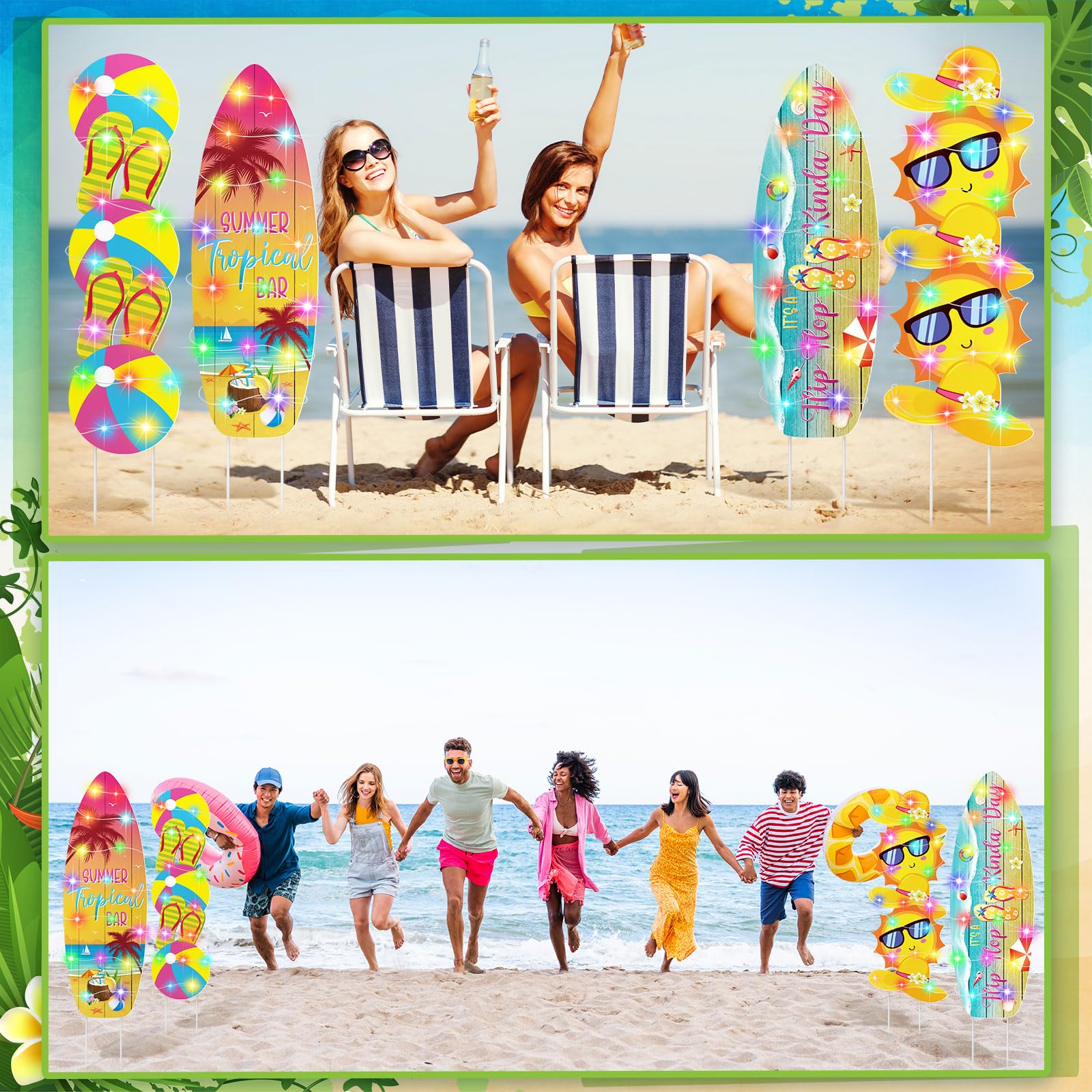Bencailor 4 Pcs Summer Outdoor Yard Decoration Summer Beach Pool Yard Signs with Stakes LED Hawaiian Themed Party Supplies Beach Ball Surfboard Slipper Decor for Outdoor Lawn Garden Patio