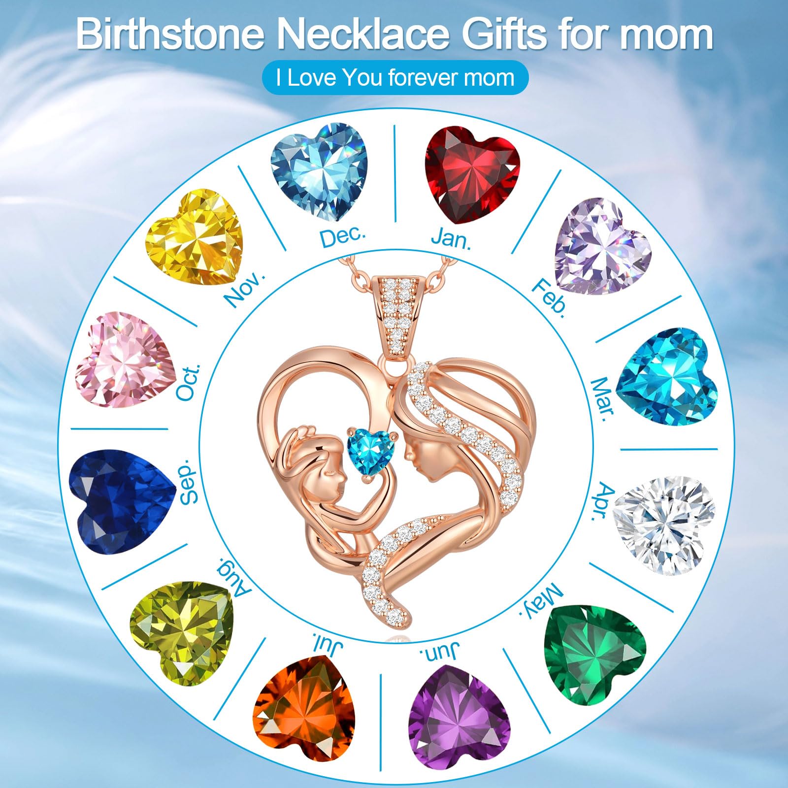 Mothers Day Gifts for Mom Wife Her Grandma, S925 Sterling Silver Birthstone Necklaces Jewelry for Women, Mother's Day Love Heart Pendant Necklace for Anniversary Birthday Christmas Day