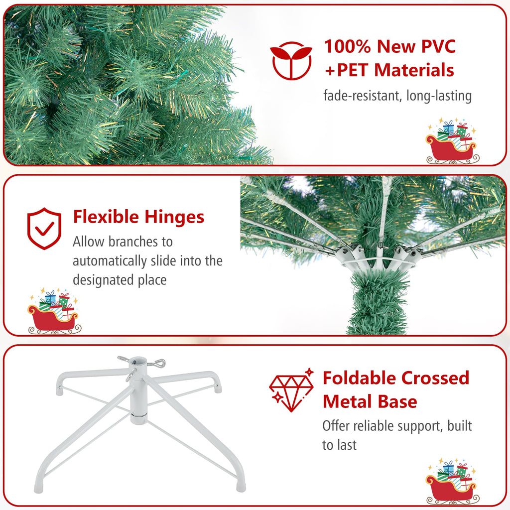 Goplus 7FT Pre-Lit Artificial Christmas Tree Auto-Spread/Close up Branches 11 Flash Modes with Multicolored 400 LED Lights & Metal Stand