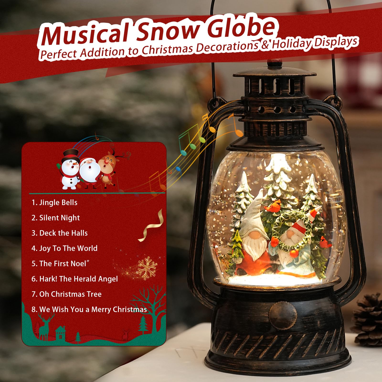 Snow Globe Christmas Decorations Indoor, Santa Claus Lighted Musical Christmas Snow Globes Lantern with Glitter & 6H Timer, Santa Claus Christmas Decorations for Home