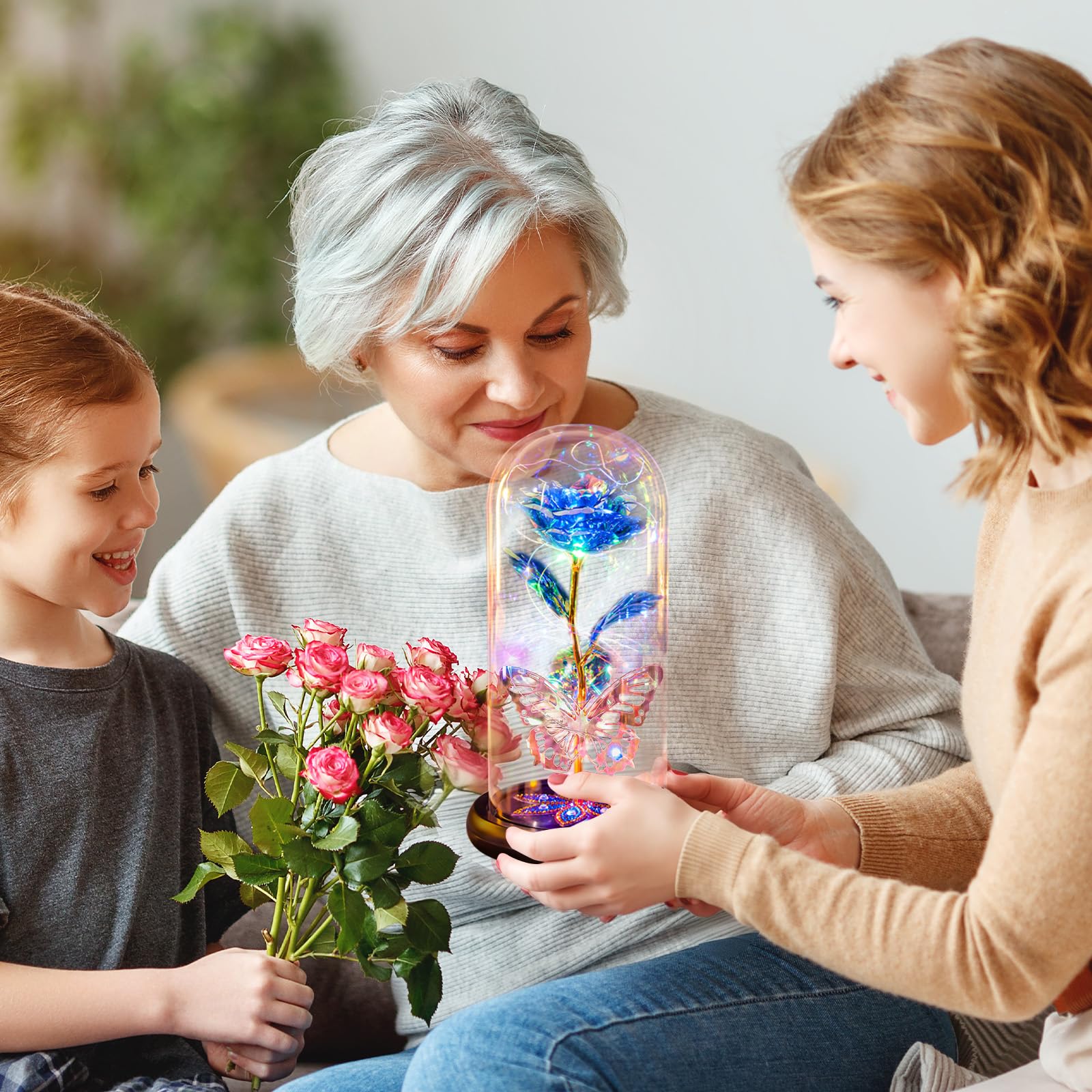 Pusuny Mothers Day Flowers Gifts for Mom Women Birthday Gift Galaxy Glass Rose Forever Eternal Crystal Flowers Rose in Glass Dome with Butterfly Mother's Day Roses Gifts for Mom Daughter Wife Purple