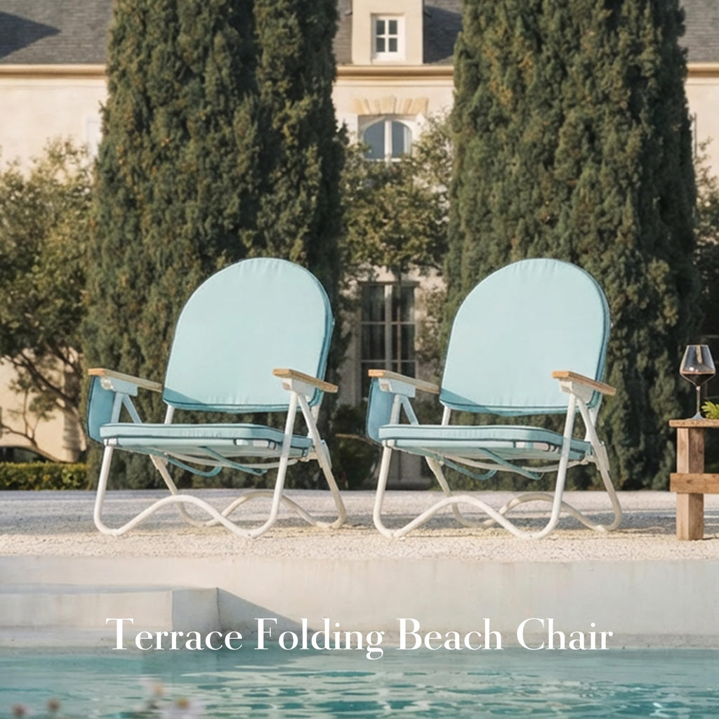 Padded Low Beach Chair, 4-Position Folding Outdoor Chair with Wooden Armrests, Cushioned Seat, Storage Pouch & Carry Strap for Beach, Patio and Lawn, Cala Serena Ochre Stripe