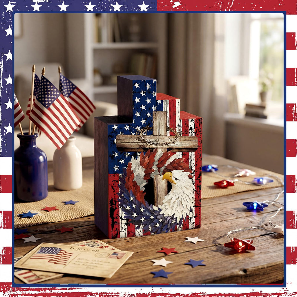 Amyhill 3 Pcs 4th of July Decorations Set Wooden Patriotic Table Centerpieces Independence Day Wood Firework Fourth of July Table Signs for 250th Anniversary Home Farmhouse Decor (Flag)