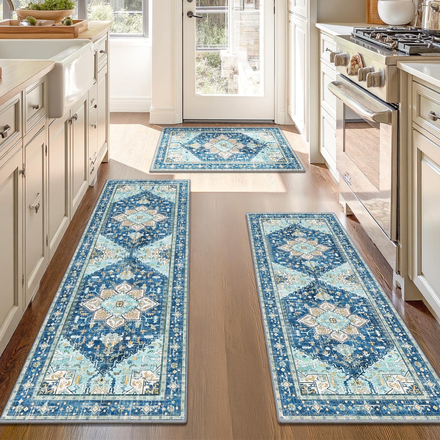 Yamaziot Christmas Kitchen Rugs Sets of 3, Non Slip Kitchen Mats for Floor with Rubber Backing, Holiday Christmas Snowflake Runner Rug Decor Home Decorations for Kitchen, Laundry Room, Hallway