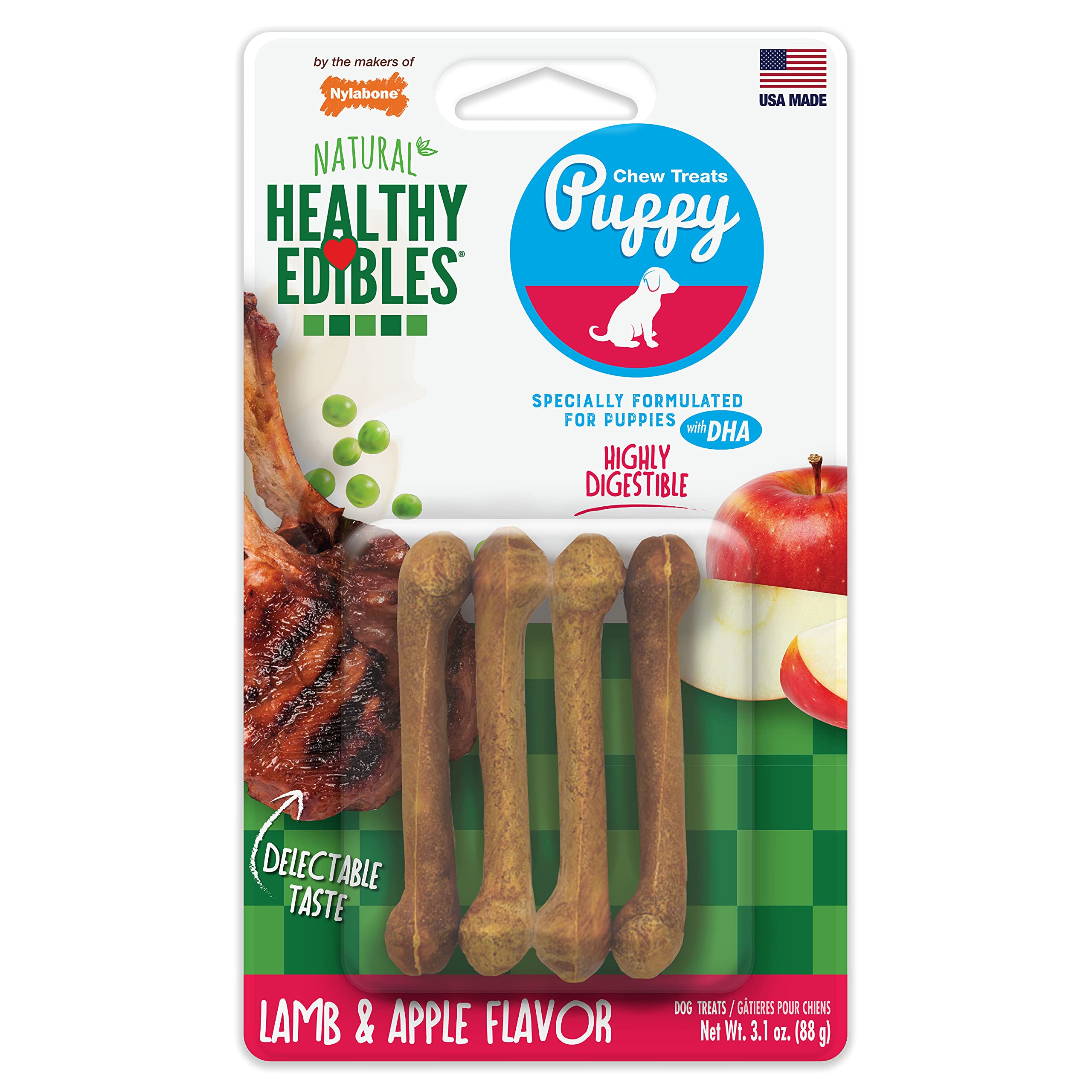 Nylabone Healthy Edibles Natural Puppy Chews Long Lasting Treats for Puppies, Roast Beef/Apple/Bacon Dog Treats, X-Small/Petite (3 Count)