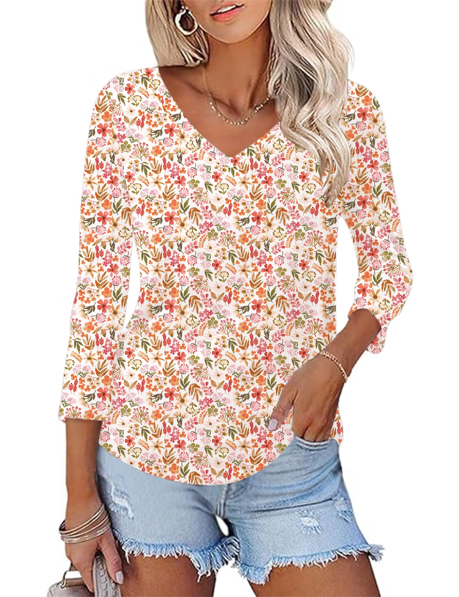 KTILG Women's V Neck T Shirts 3/4 Sleeve Blouse Summer Tops Dressy Casual Solid Basic Tees