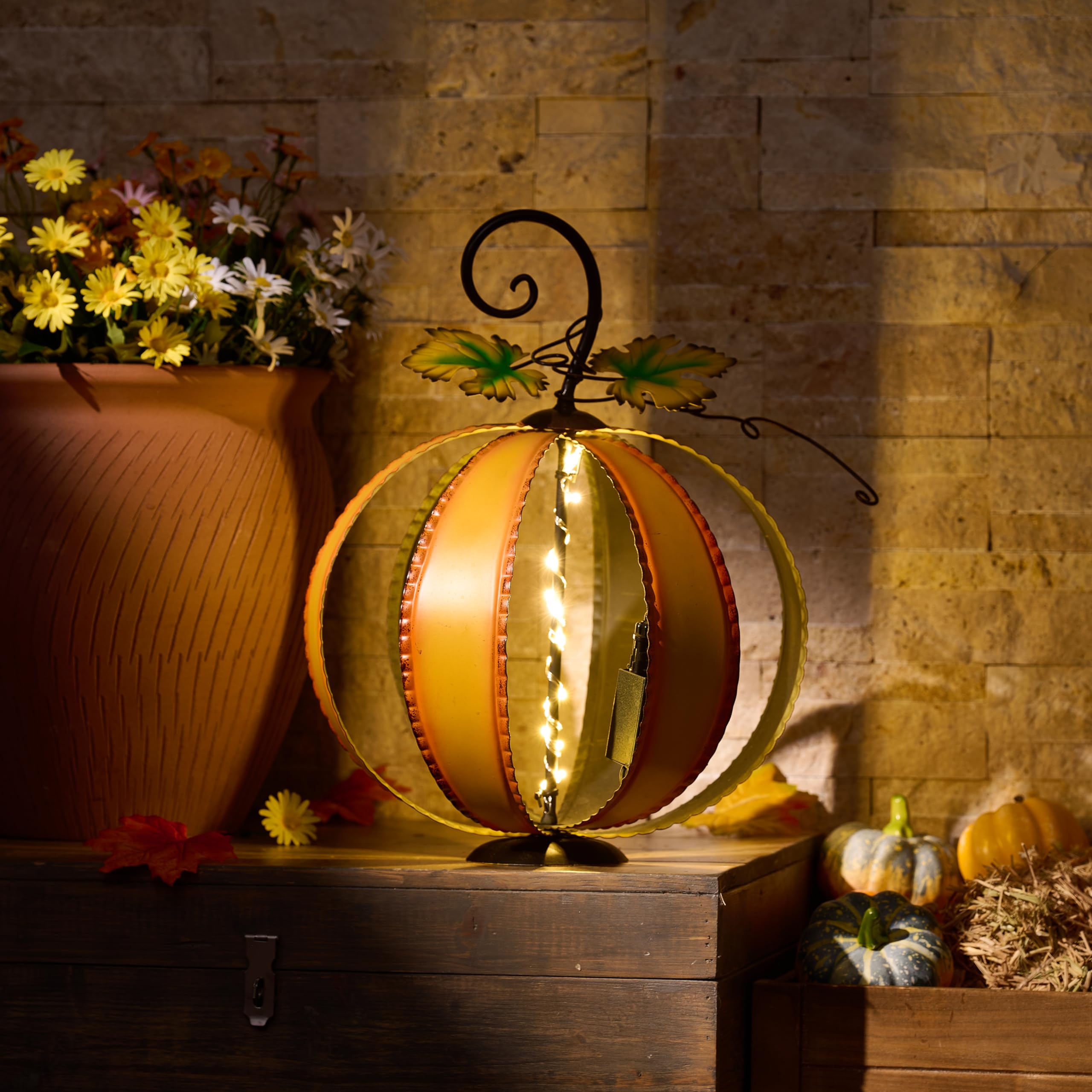 TERESA'S COLLECTIONS Fall Decor, Pumpkin Decor, Large Orange Pumpkin Decor with Light, 15.4", Metal Outdoor Fall Decor, Pumpkin Gifts, Fall Gifts, Thanksgiving Gifts, Indoor/Outdoor