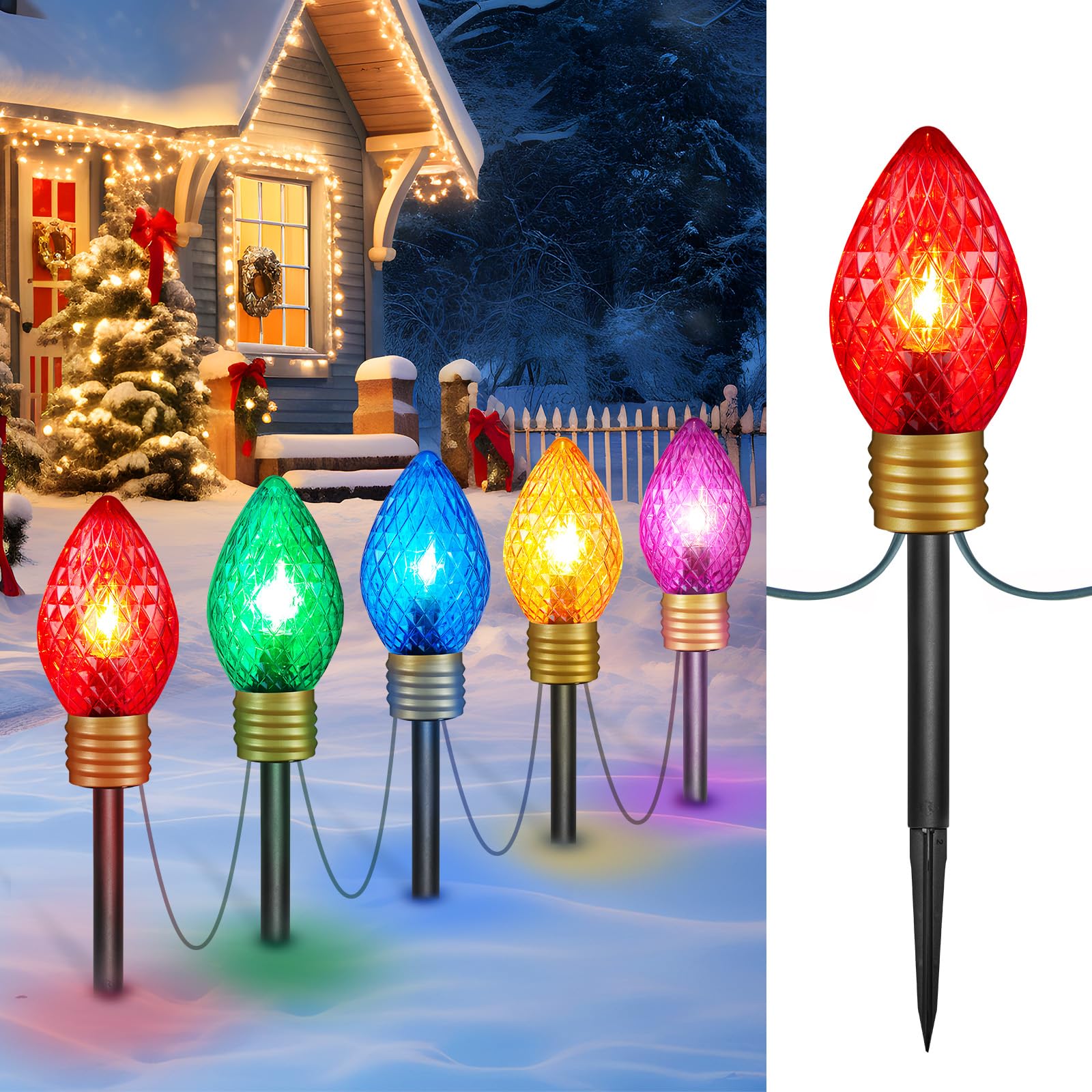 Jumbo C9 Christmas Pathway Lights Outdoor - 8.5 Feet 5 LED C9 Walkway Light, C7 Light Covered Jumbo Multicolor Bulb Christmas Lights Outdoor Decorations for Lawn Holiday Outside Yard Garden