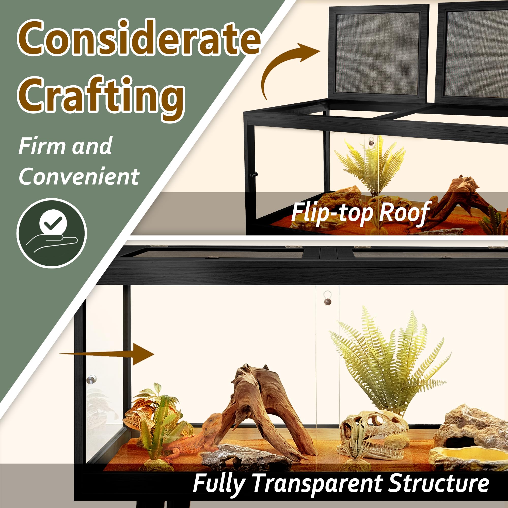 PROLEE Reptile Enclosure with Leg, 35 Gallons Bearded Dragon Tank, Tempered Glass Lizard Tank with Metal Mesh Tops and Lockable Door, Spacious Reptile Habitat for Snake,Lizard (Oak)
