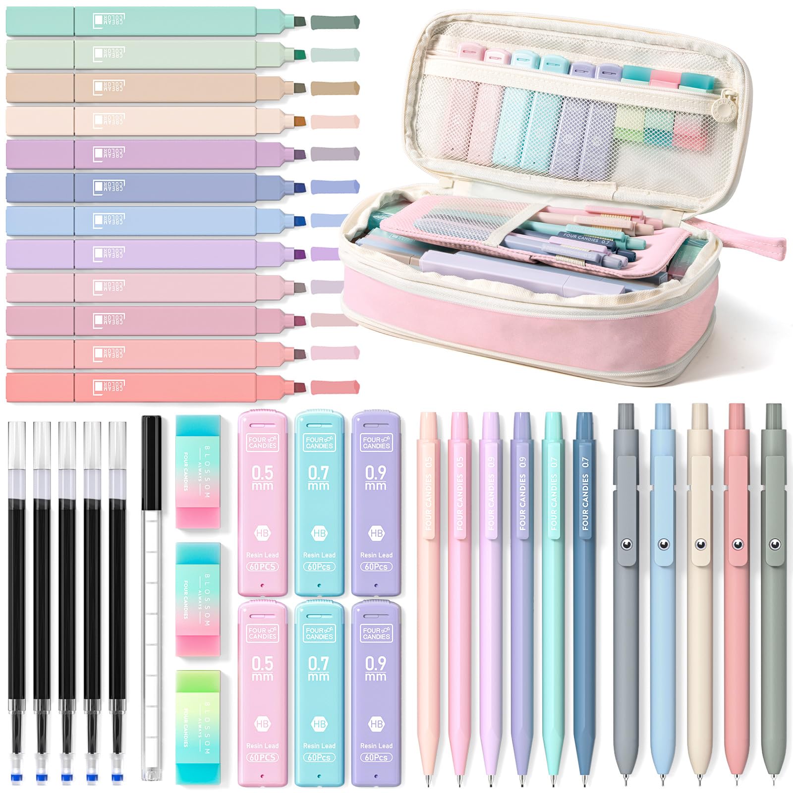 Four Candies 39 PCS Aesthetic Stationery Set with Cute Pen Case, College Supplies and Nursing Student Essentials, 12 Pastel Highlighters, 5 Black Gel Pens, 6 Mechanical Pencils, Blue