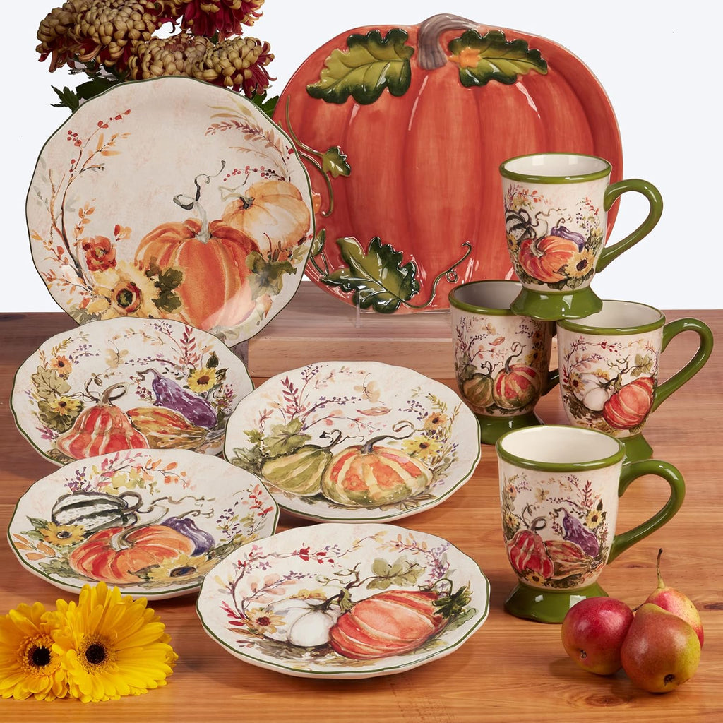 Harvest Morning 16-Piece Ceramic Dinnerware Set, Service for 4 – Celebrate autumn with vibrant pumpkins and florals, perfect for cozy family meals, Thanksgiving gatherings, and fall entertaining
