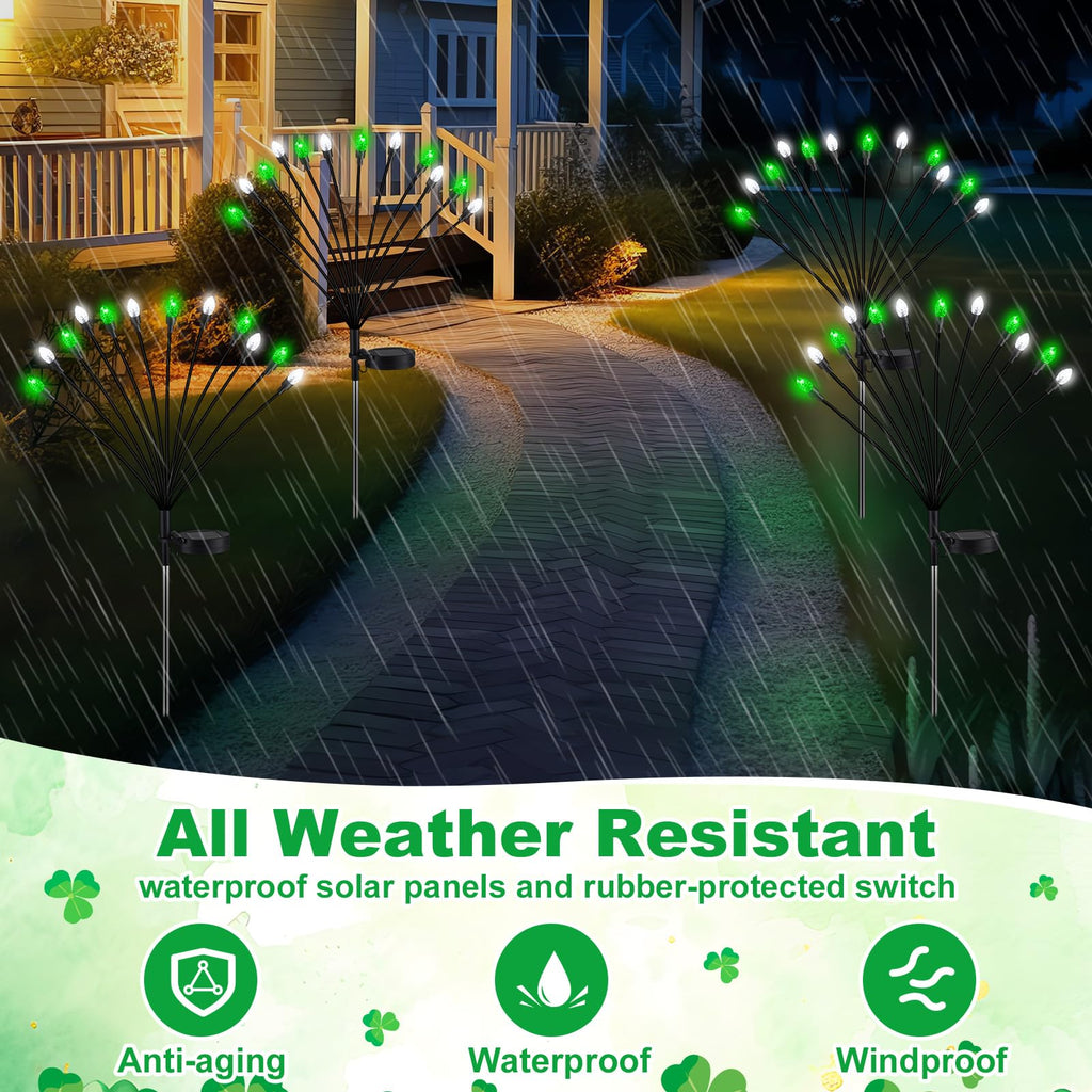 Rossesay 4 Pcs St Patricks Day Outdoor Decorations Solar Lights Waterproof Green 48 LED Swaying Pathway Firefly Stake Lights for Outside Yard Garden Lawn Decorations(Green White,Pine Cone)