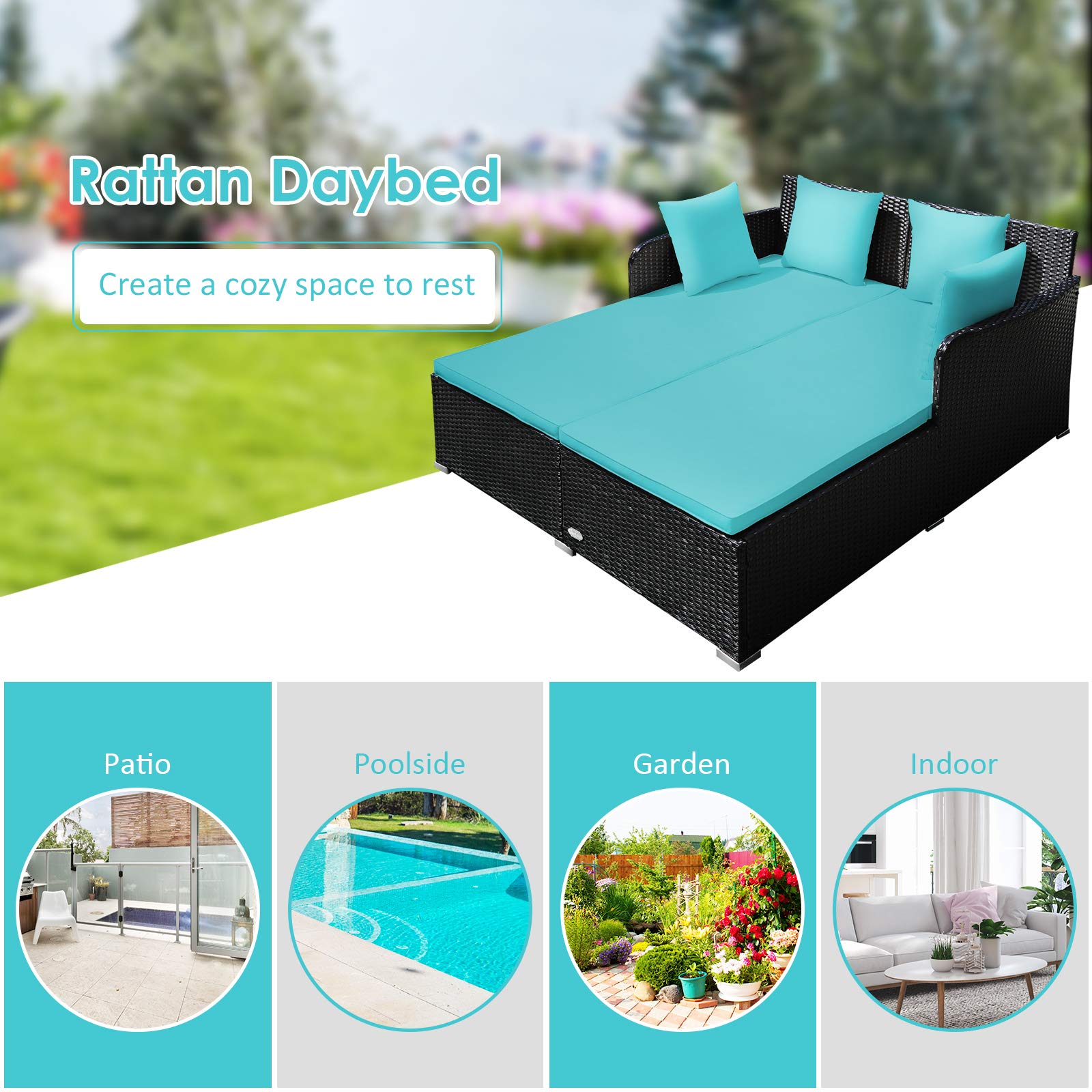 Tangkula Patio Rattan Daybed with Retractable Canopy, Outdoor Wicker Sunbed Lounger with 2 Foldable Side Tables, Thick Seat & Back Cushions, Outside Double Daybed for Garden, Backyard, Porch