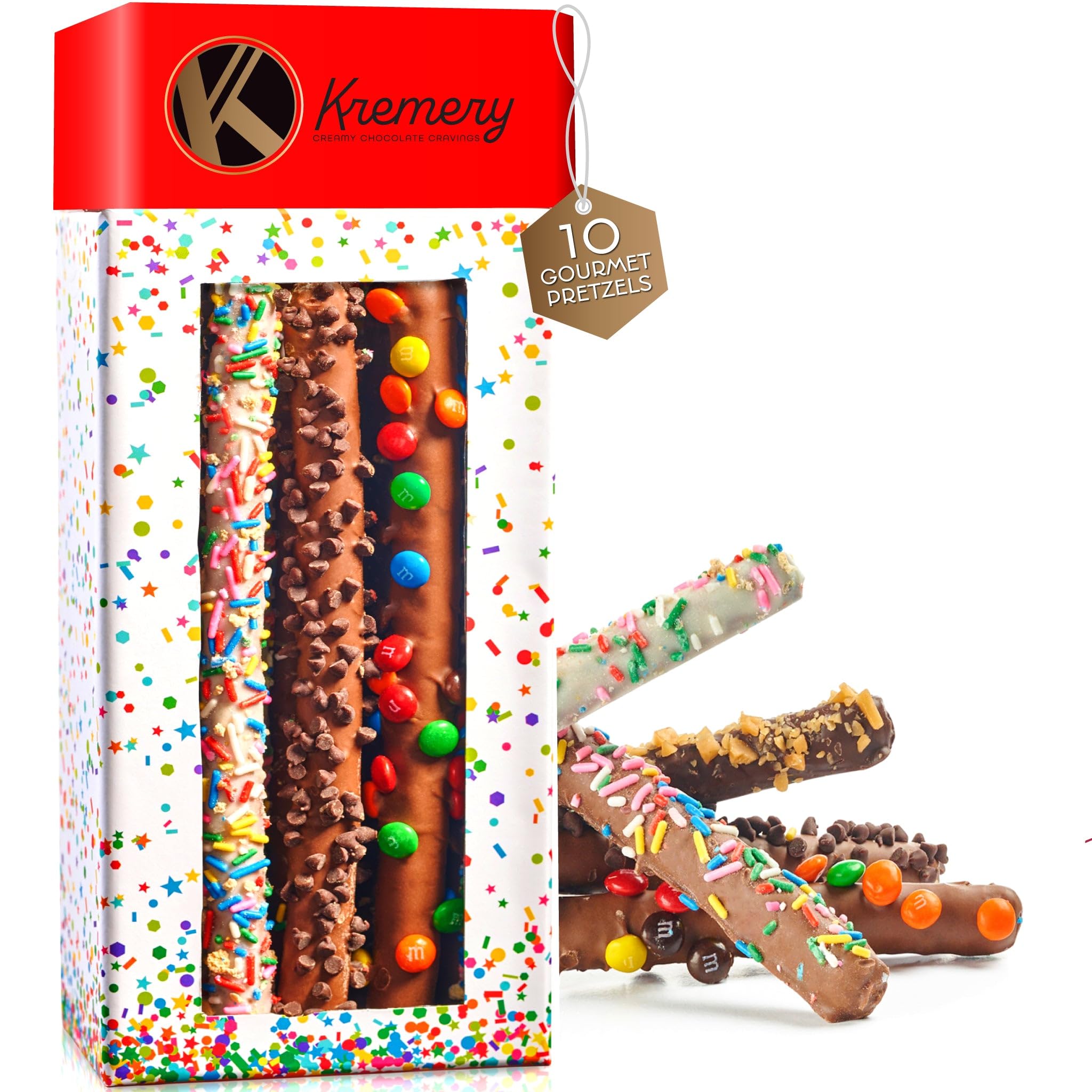 KREMERY Creamy Chocolate Cravings - Fathers Day Treats, Gift For Dad, Chocolate Covered Pretzel Rods Gift Basket with Candied Toppings (8 Pretzels) Sweet Treats in Clear Tube Kosher